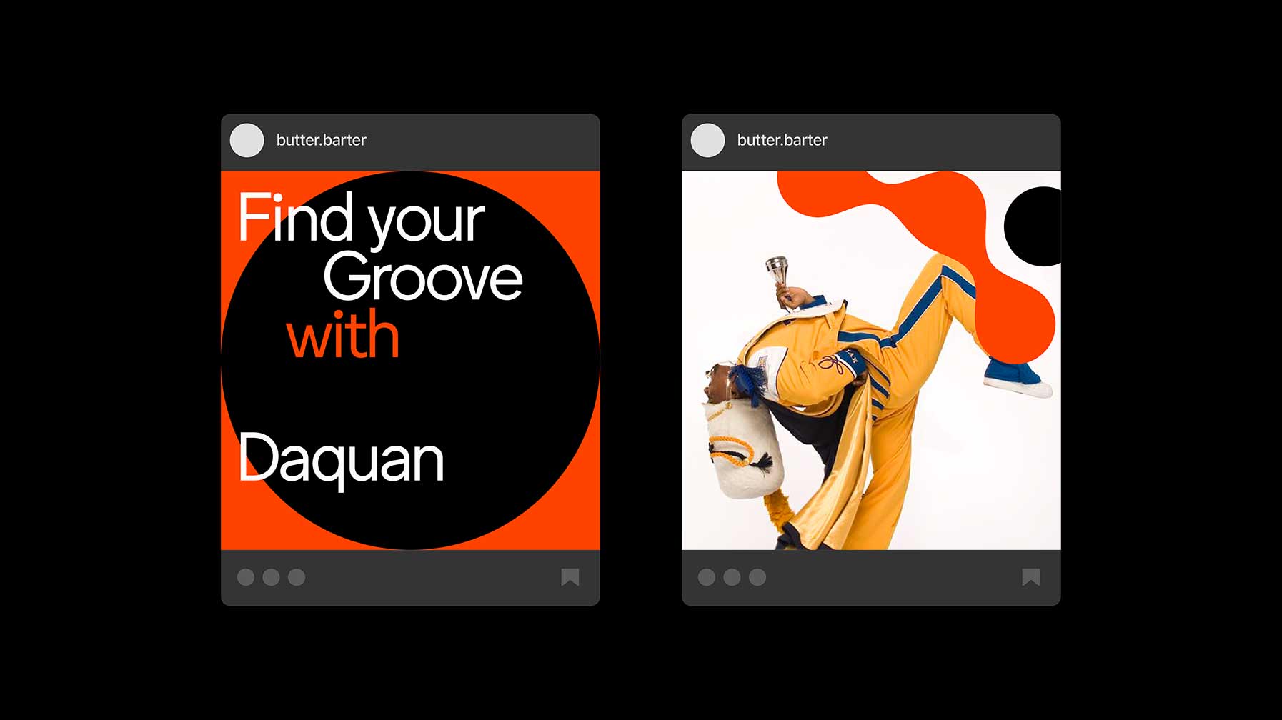 Two screenshots showcase the Butter.barter app interface. The left screenshot displays a black circle with the text “Find your Groove with Daquan” in white and orange. The right screenshot shows a figure in a yellow and blue outfit holding a trophy, against a white background. Both screenshots feature gray bars at the top and bottom, with small icons and icons in the bottom corners.