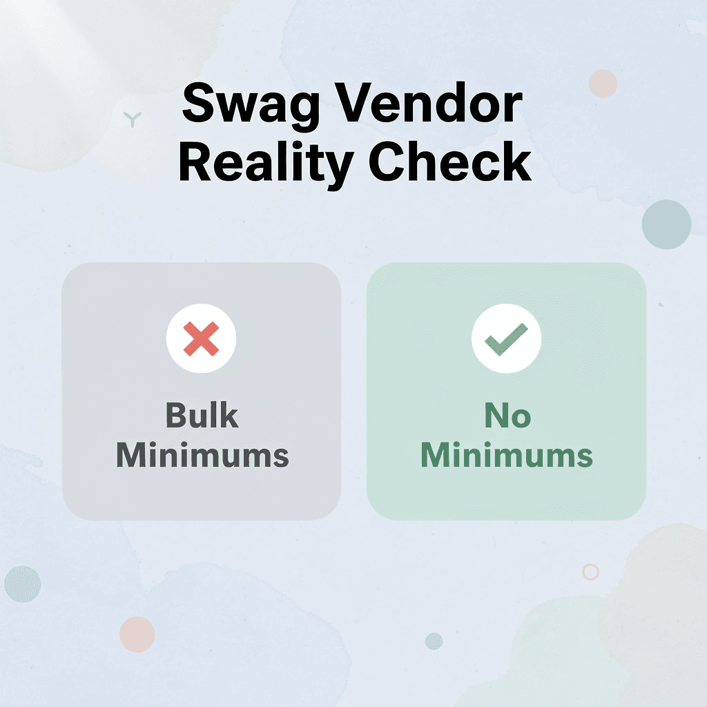 Before and after infographic comparing typical swag vendors to ooShirts