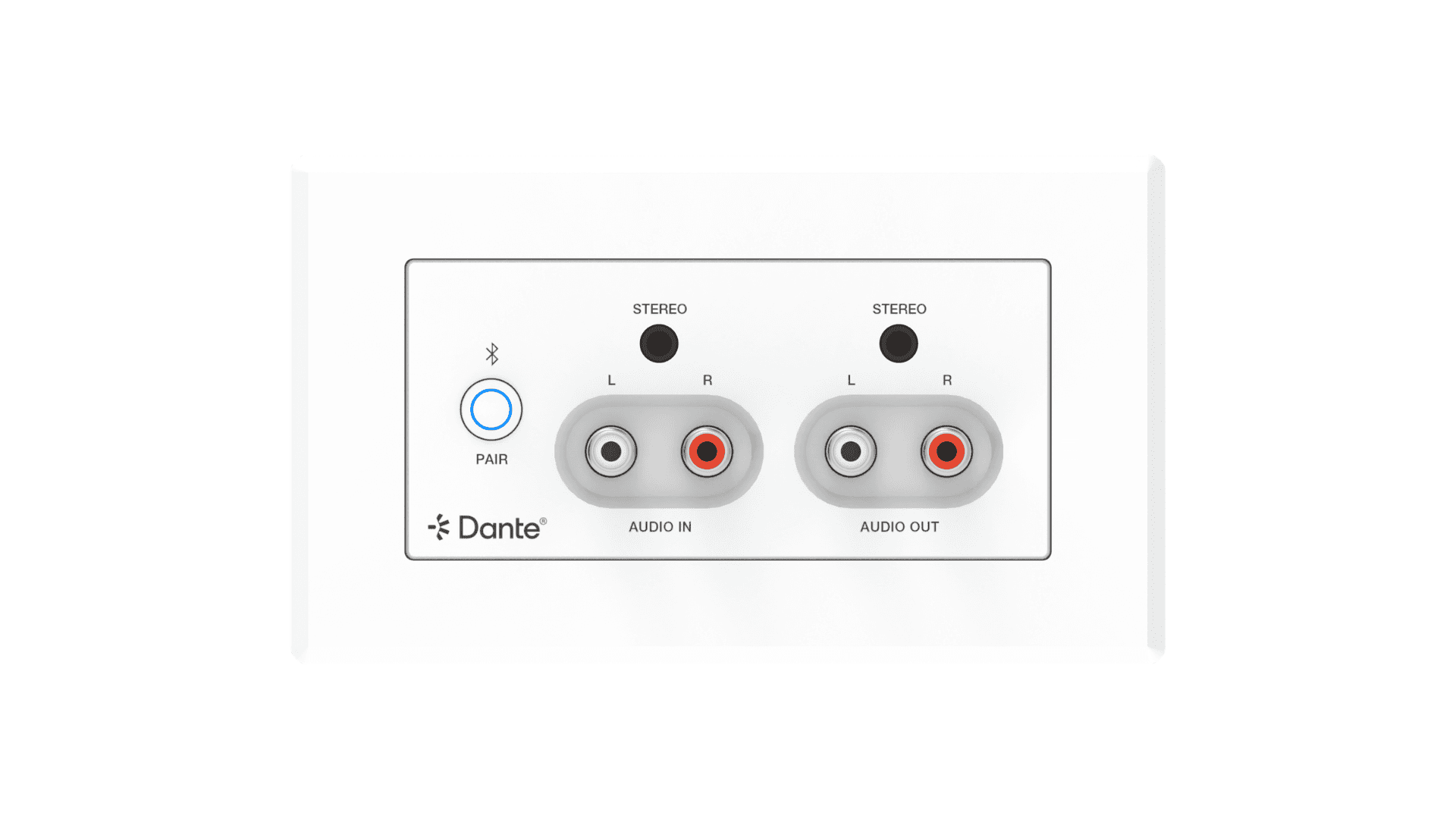 Dante audio in/out, Bluetooth pair with stereo indicators.