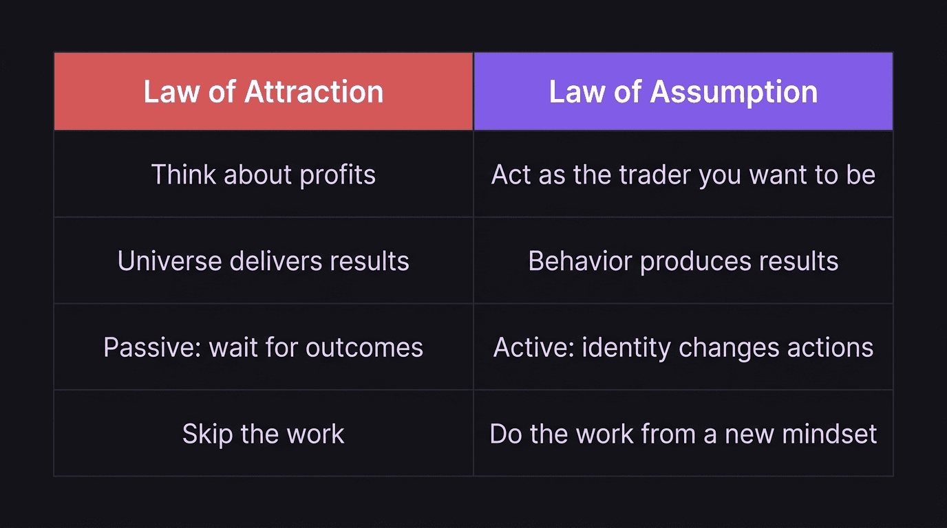 Comparison table showing the difference between law of attraction and law of assumption for traders