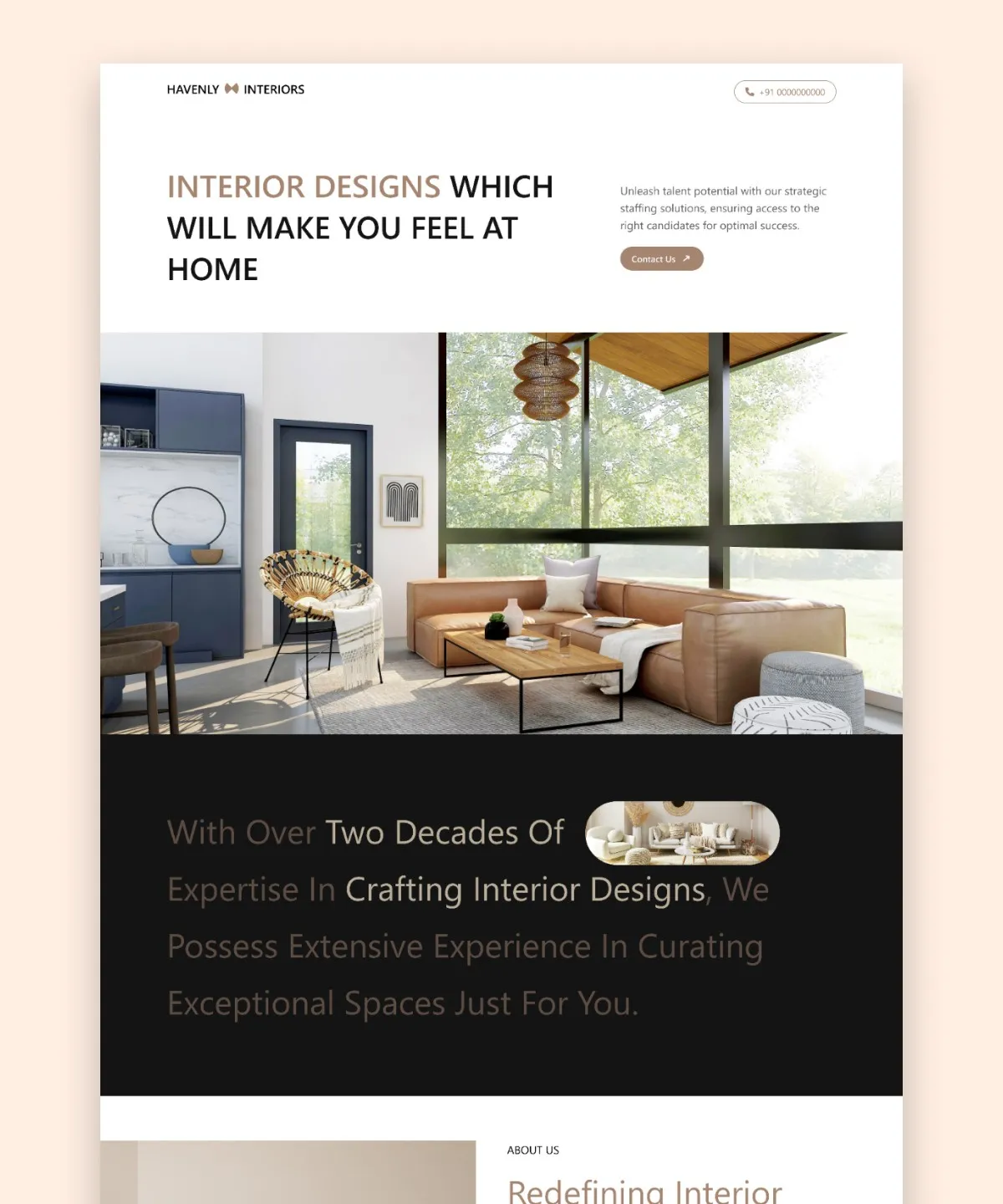 A modern living room interior design featuring large windows, minimalist wooden furniture, a comfortable beige sofa, and contemporary decor under a high ceiling, reflecting sophisticated and cozy home aesthetics.