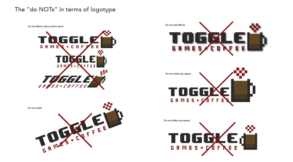 A series of incorrect logo usages, including stretched, rotated, or altered color effects, each crossed out in red.