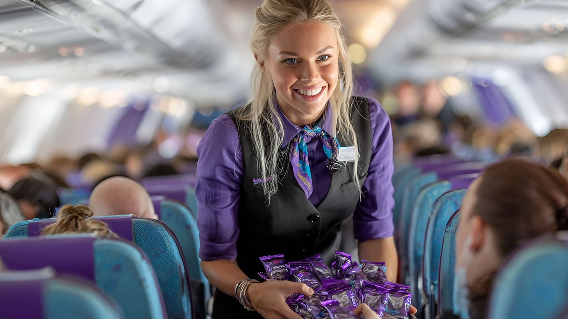 A smiling flight attendant in a purple uniform distributes snacks to passengers on a plane. The interior is bright, with rows of occupied seats.
