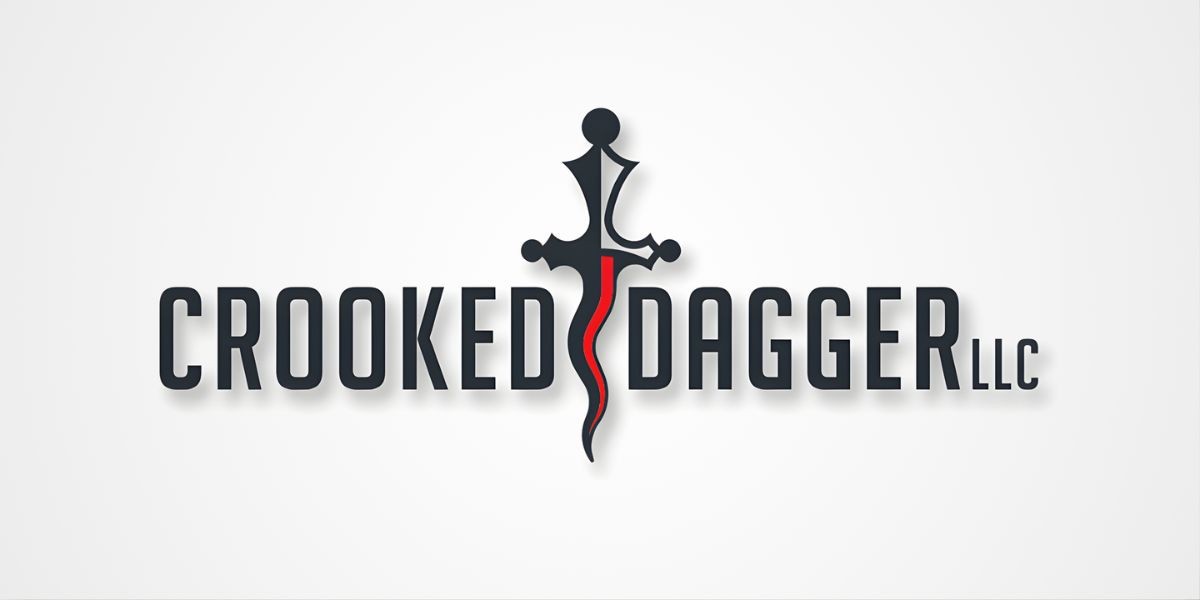 Logo for Crooked Dagger LLC featuring a stylized dagger design with bold typography, symbolizing innovation and precision in automotive care.