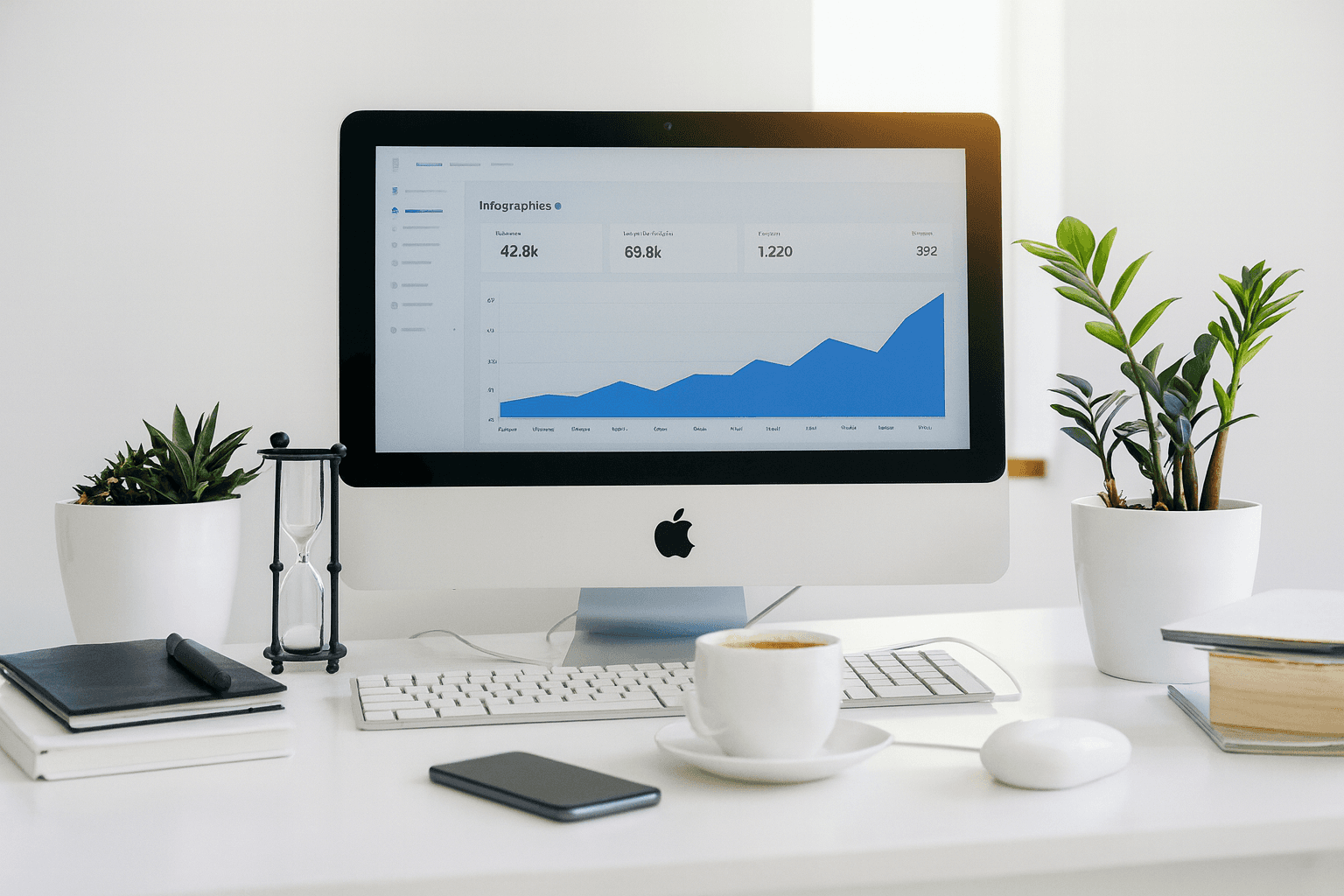 Un écran d'ordinateur affichant des graphiques de performance, entouré de plantes décoratives, symbolisant l'analyse des données pour définir des objectifs commerciaux clairs dans les campagnes Amazon Ads.