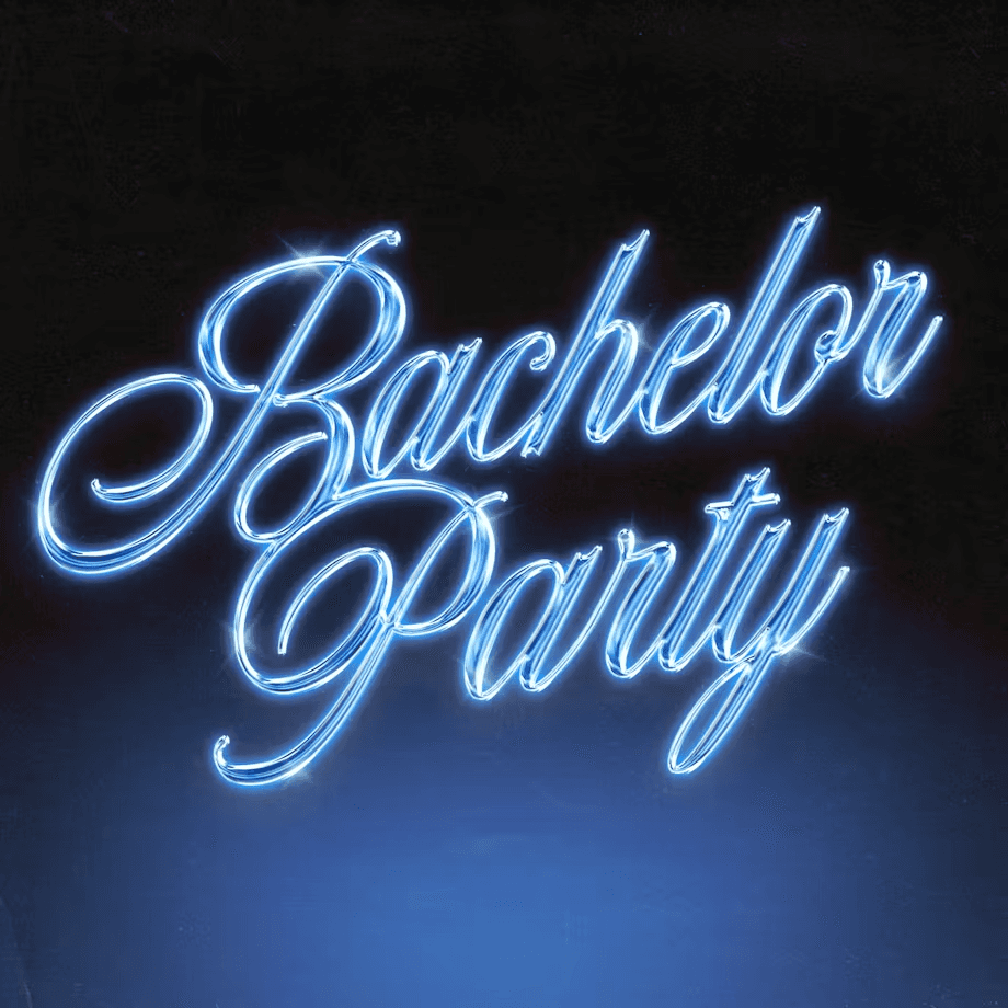 Text reads "Bachelor Party" in a stylized, glowing blue font against a dark background.