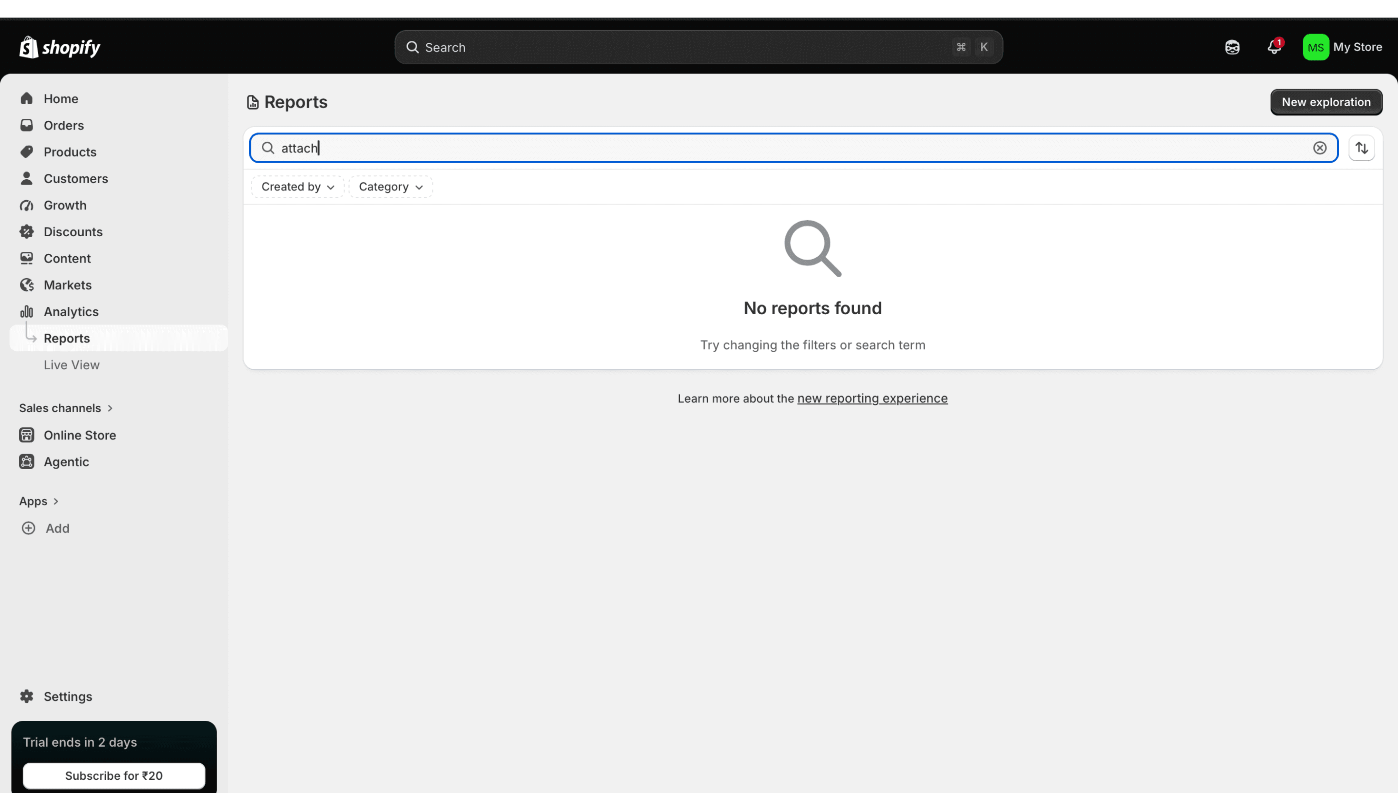 Shopify report search for attach: no reports found