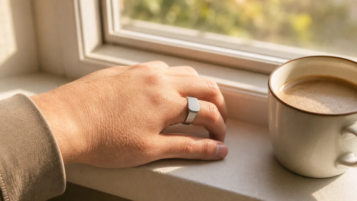 Hand wearing a silver smart tasbih ring by a sunlit window and morning coffee