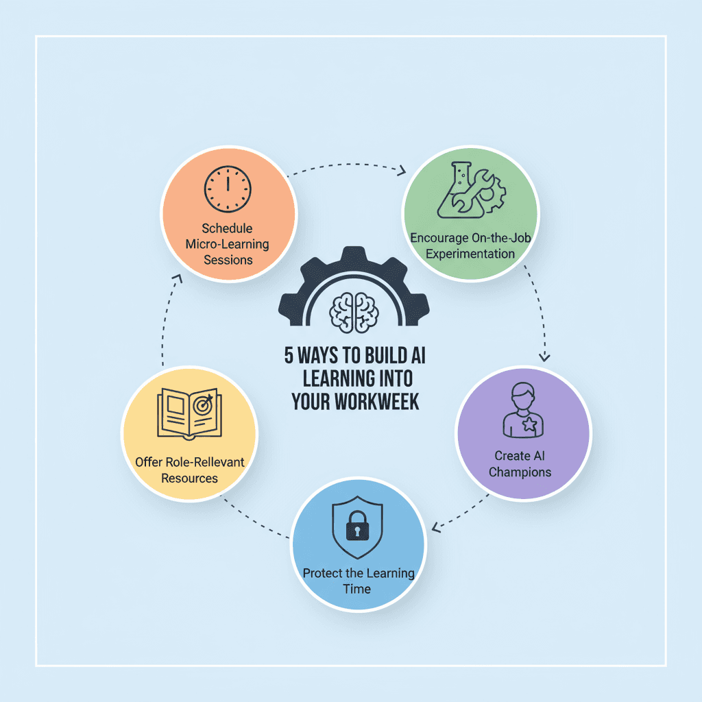Diagram, 5 Ways to Build AI Learning into Your Workweek: schedule micro-learning sessions, encourage on-the-job experimentation, create AI champions, protect the learning time, and offer role-relevant resources.