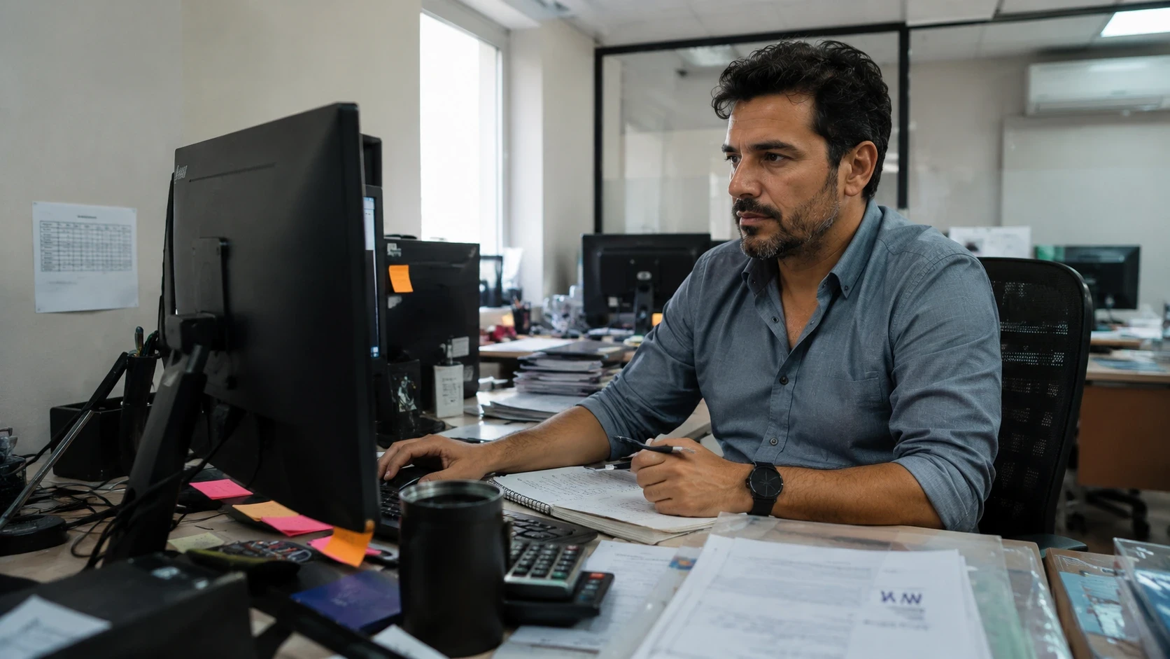 Empresário B2B em Uberlândia analisando dados de tráfego pago no computador do escritório