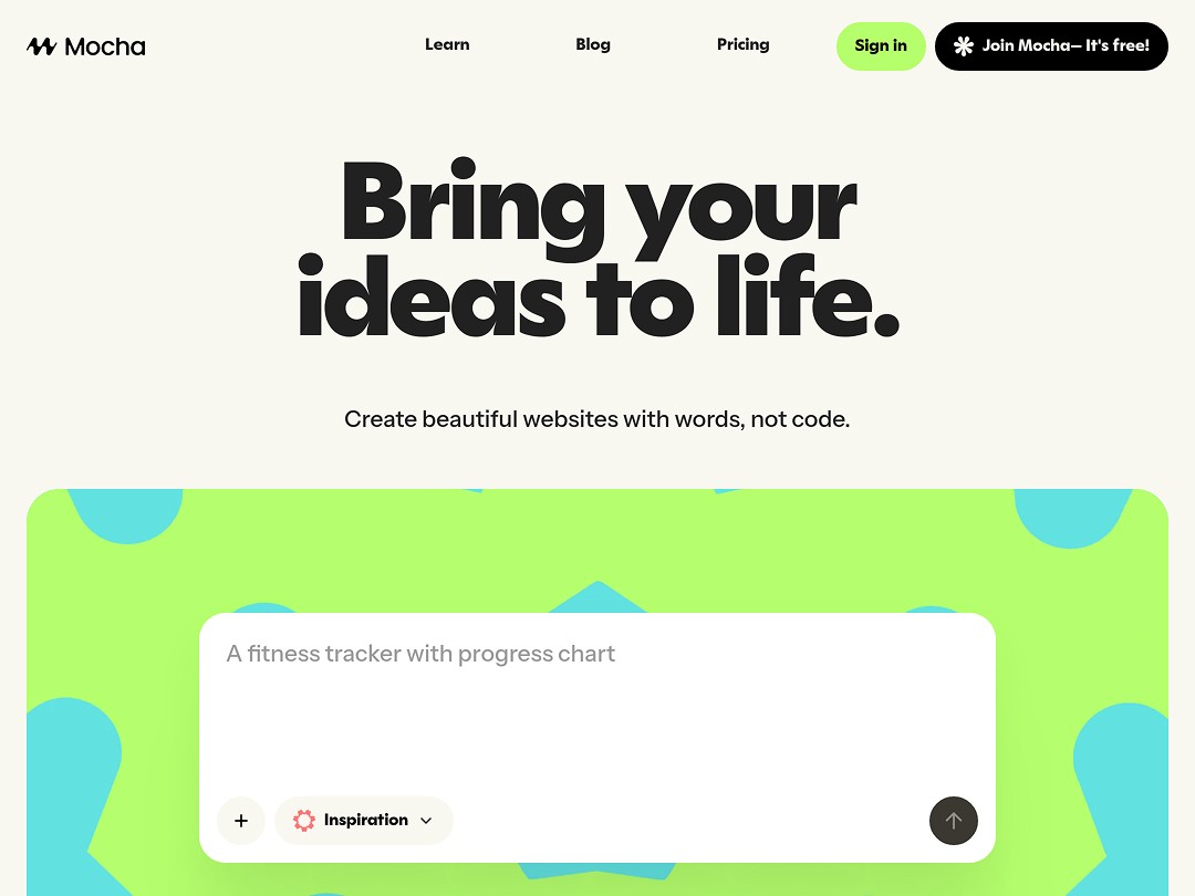 Mocha site: build websites with text, featuring a fitness tracker design.