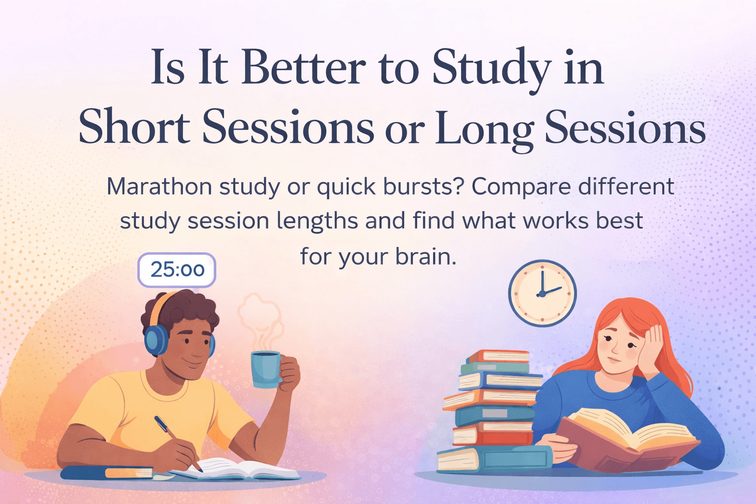 image of students comparing study styles, Is It Better to Study in Short Sessions or Long Sessions, timer, books, and focused vs tired learners