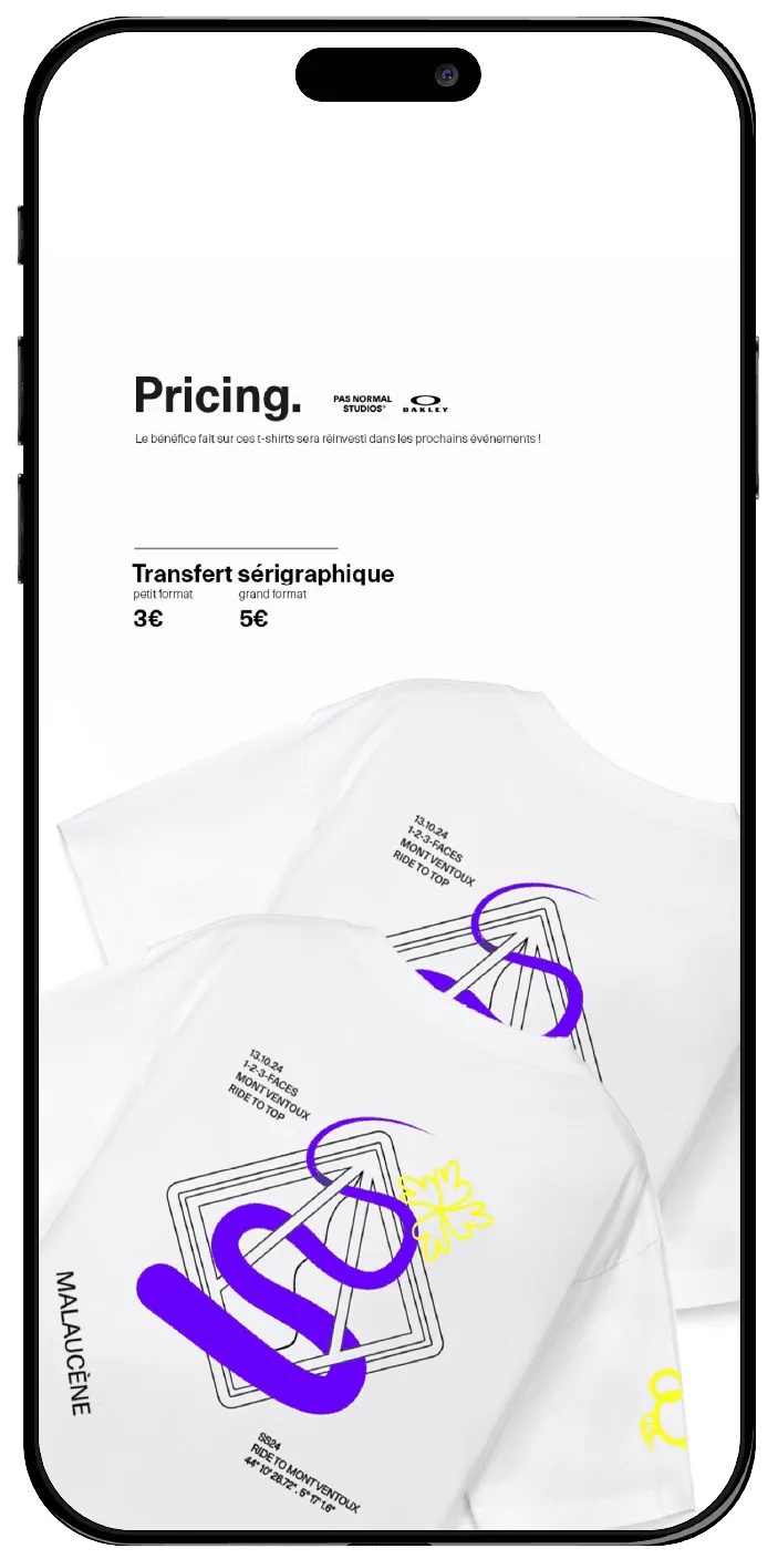 Design d'interface UI mobile pour l'application d'activation et de personnalisation de t-shirts.