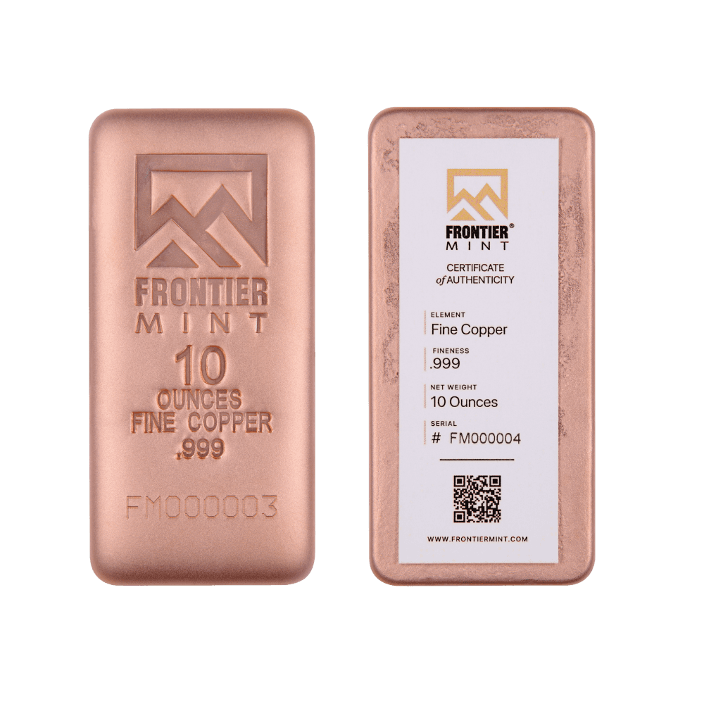 Front and back view of a 10 oz Frontier Mint copper bar showing the 999 fineness stamp and unique QR code certificate of authenticity.