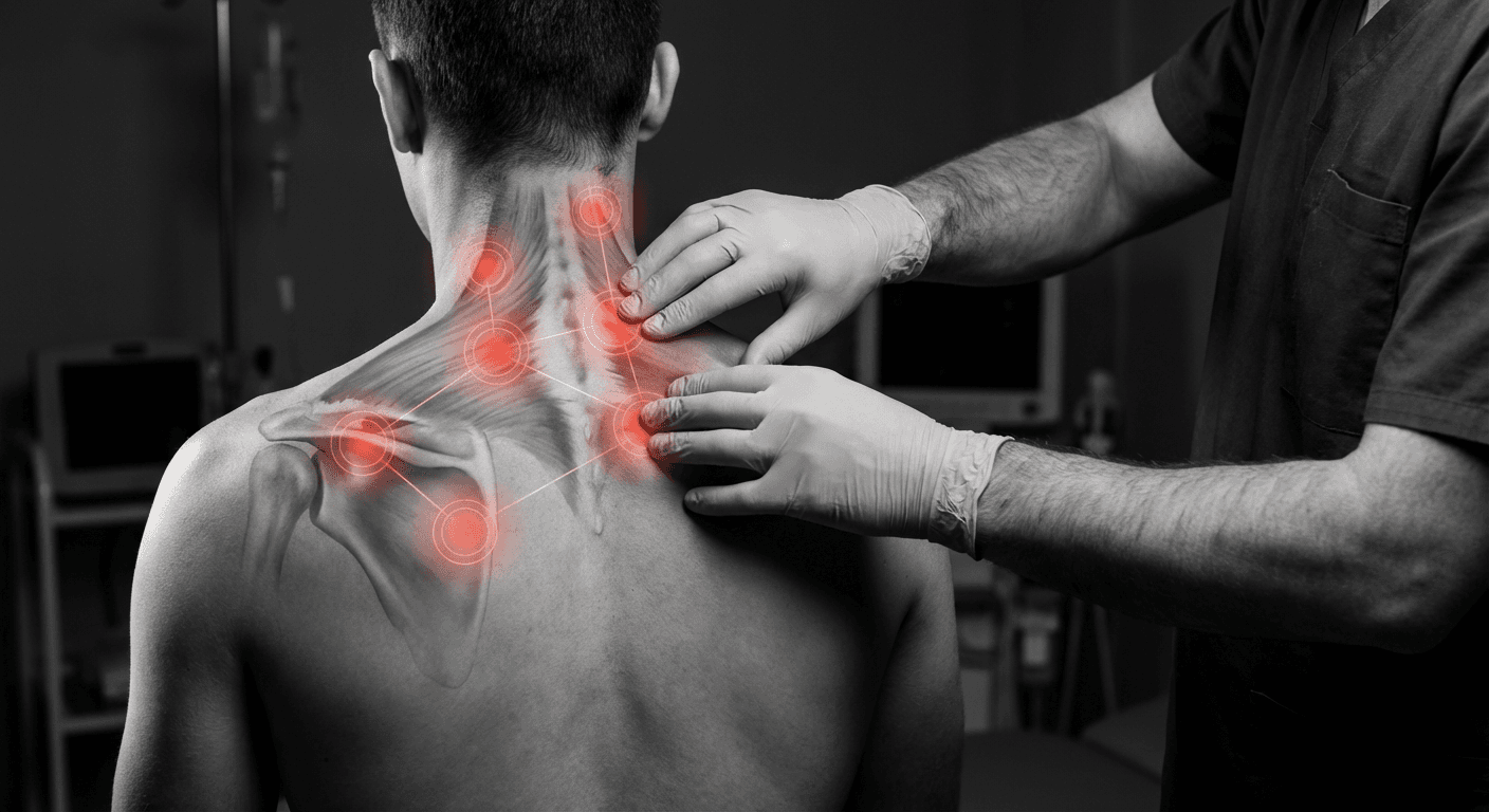 Modern bathroom featuring a walk-in shower, wooden vanity, round mirror, and elegant marble tiles.