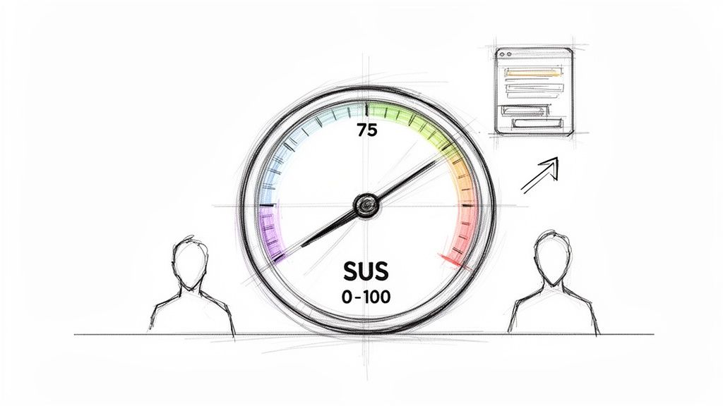 Hand-drawn sketch illustrating a System Usability Scale (SUS) score of 75, evaluating a web form for users.
