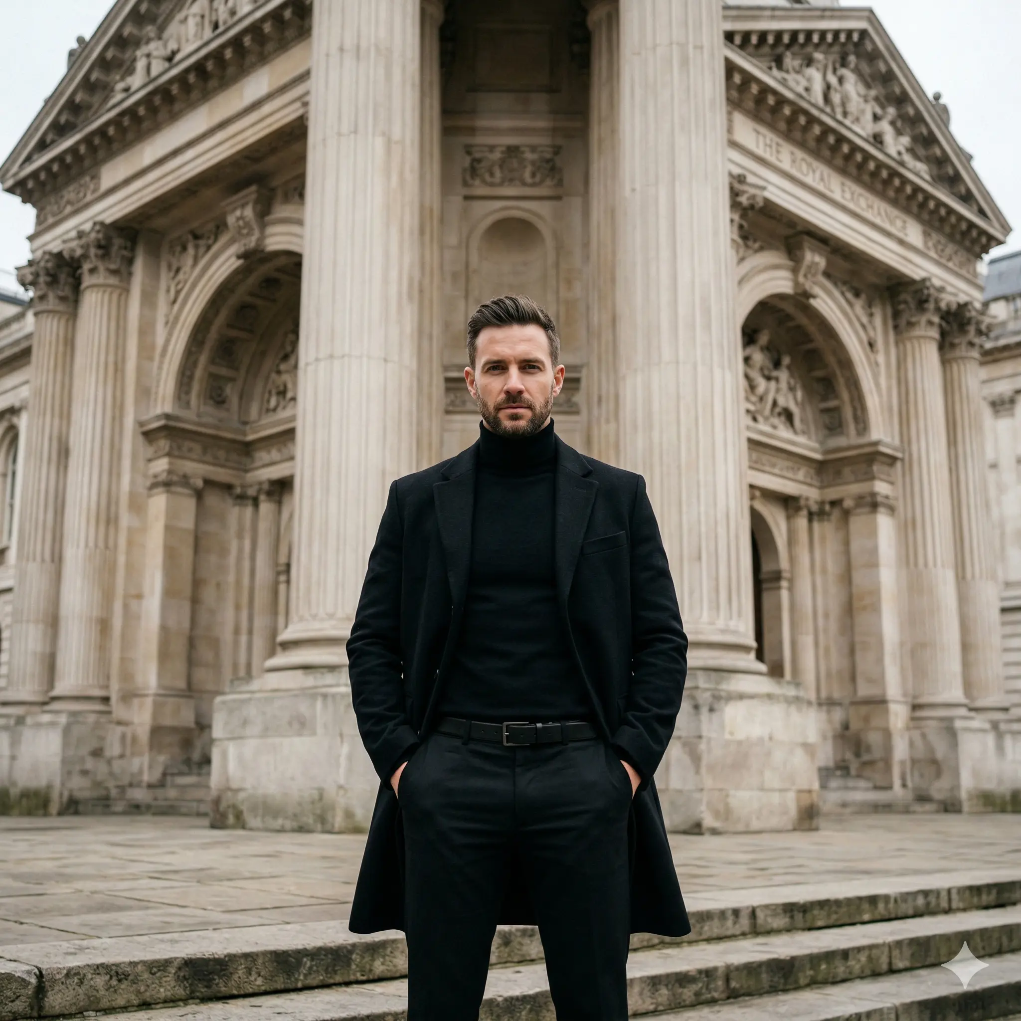 Sophisticated AI image generation of a stylish man in a black overcoat standing before classical stone architecture, designed with Nanobanana prompts for Mahendra's digital marketing library.