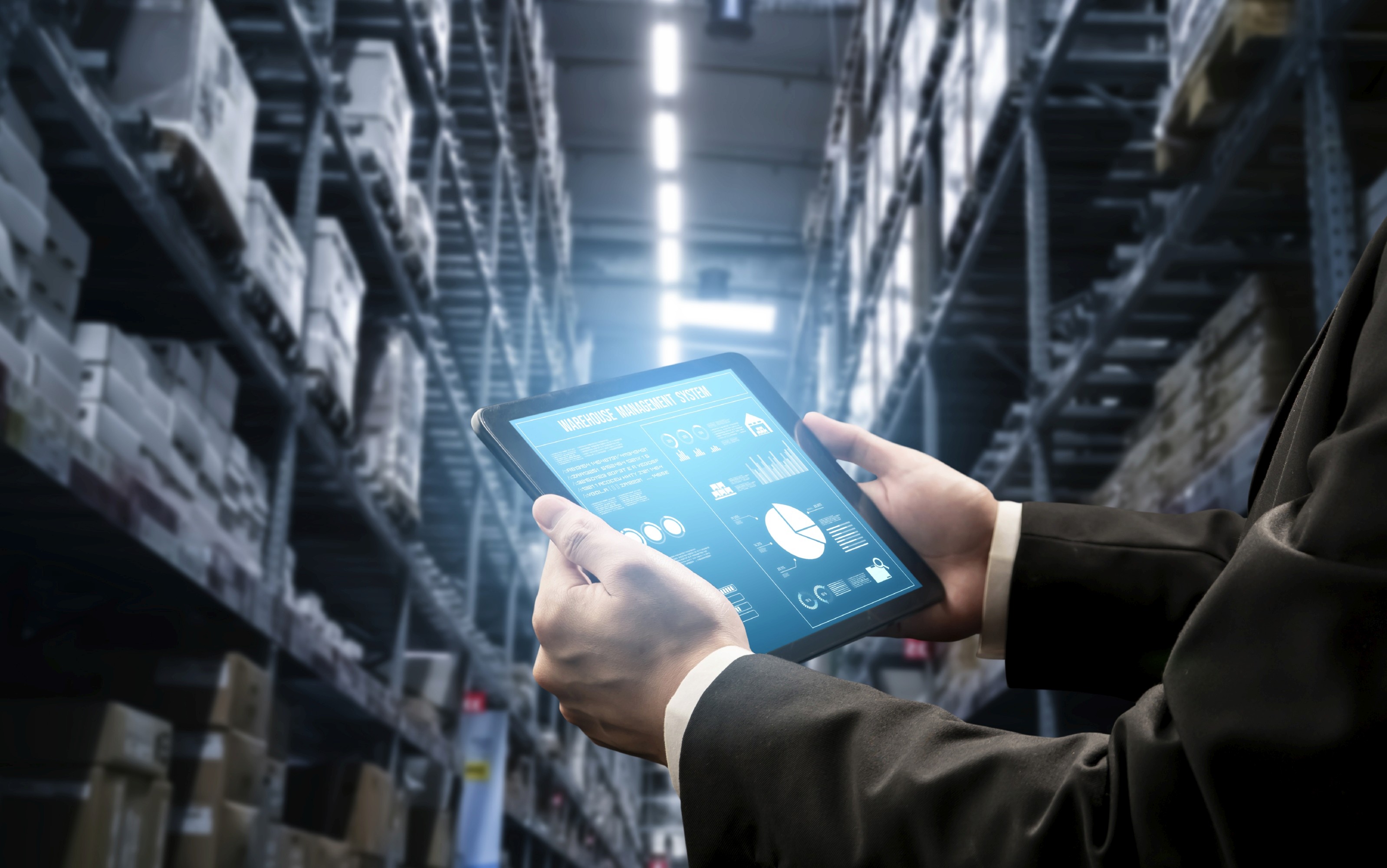 man checking warehouse with modern software