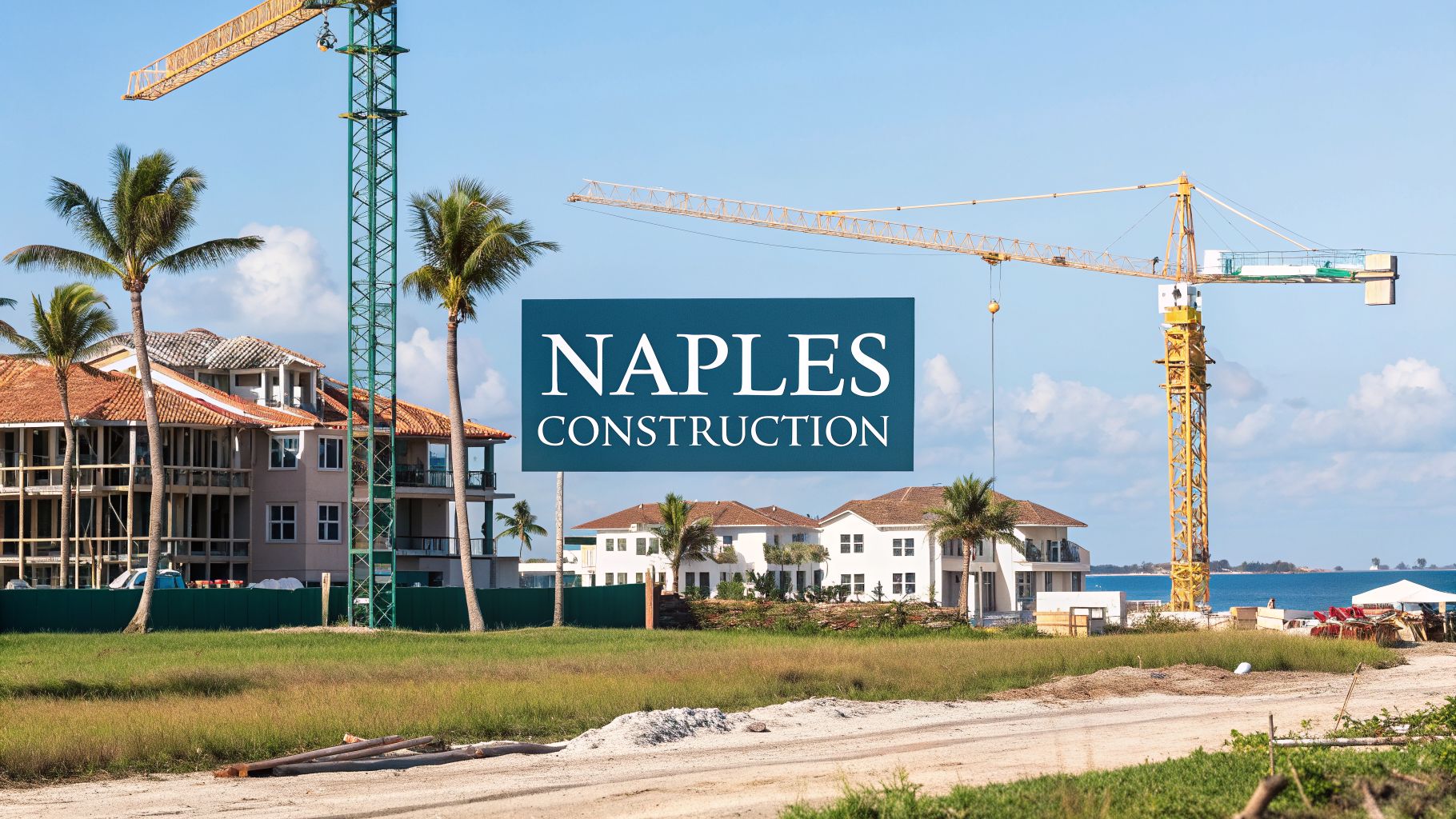 a large open lot with cranes in the background near the ocean