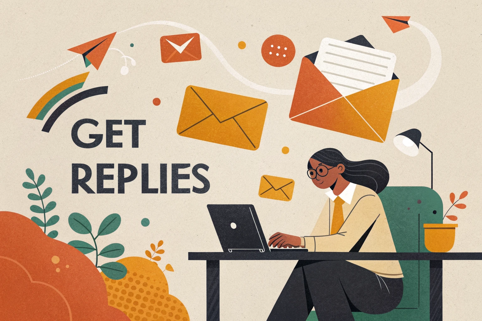 Sales person writing a cold email at a desk with envelopes and reply arrows, flat vector illustration in orange, coral, mustard and green