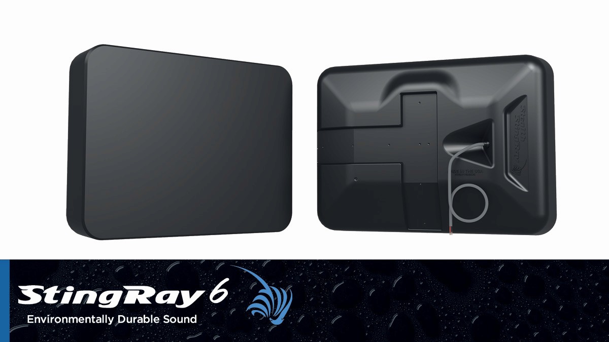 Black speaker, front and back view, with StingRay6 logo.