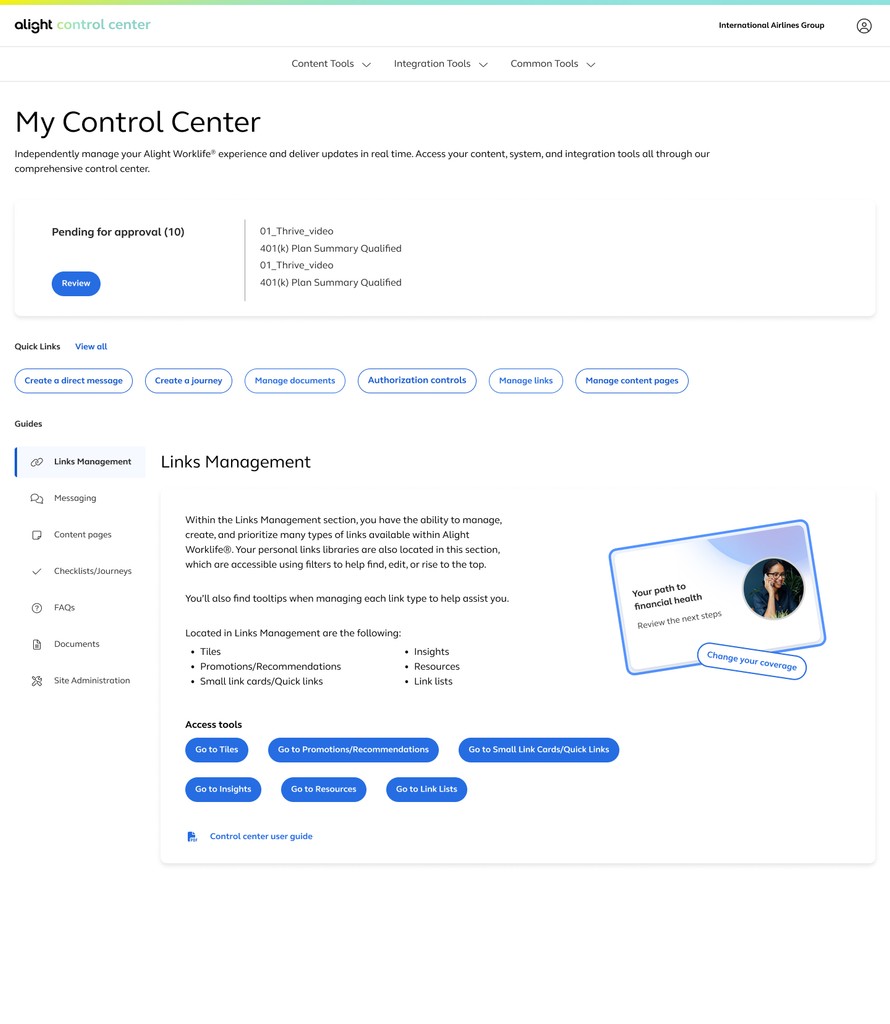Control center homepage before redesign