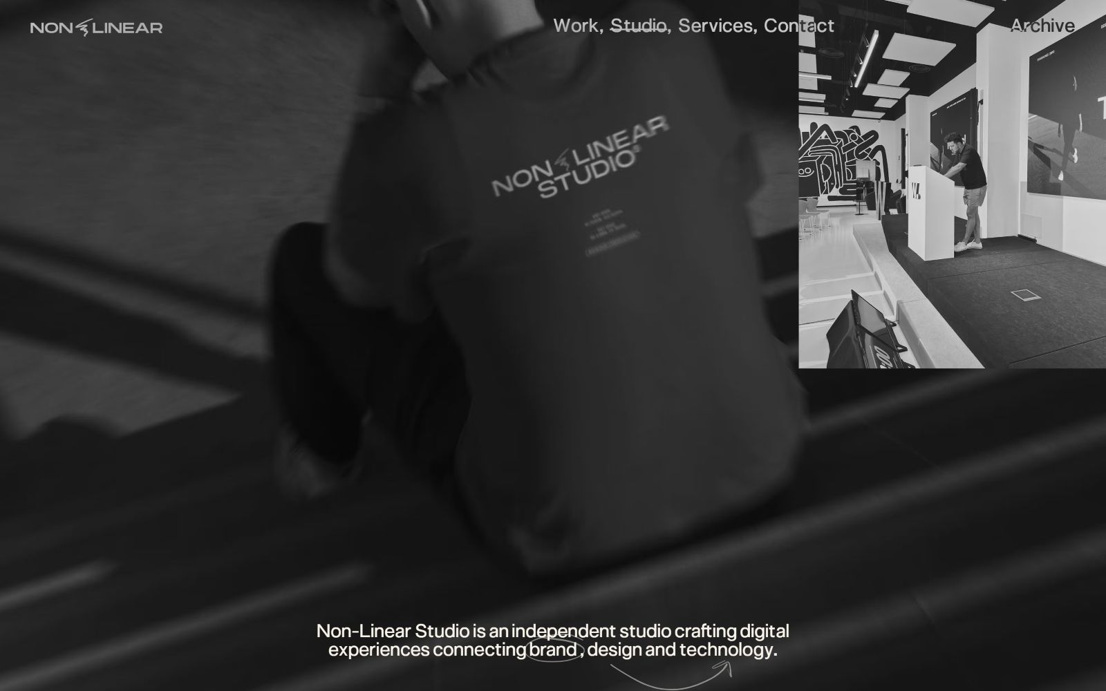 Blurred person in a "Non-Linear Studio" shirt sitting. Below, text: "Non-Linear Studio is an independent studio crafting digital...