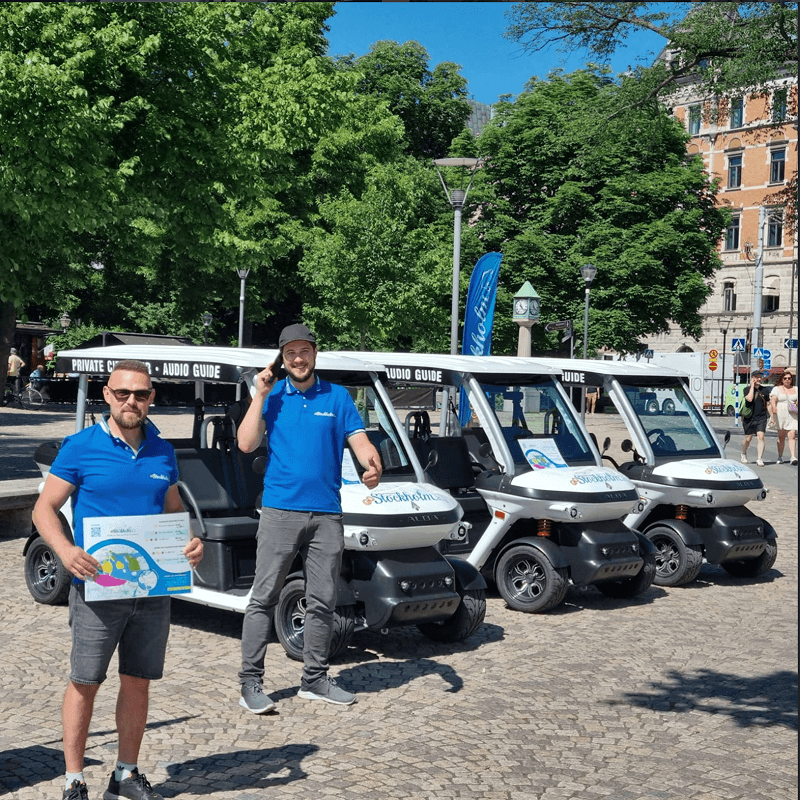 Tourists exploring Stockholm during private electric sightseeing cart tour