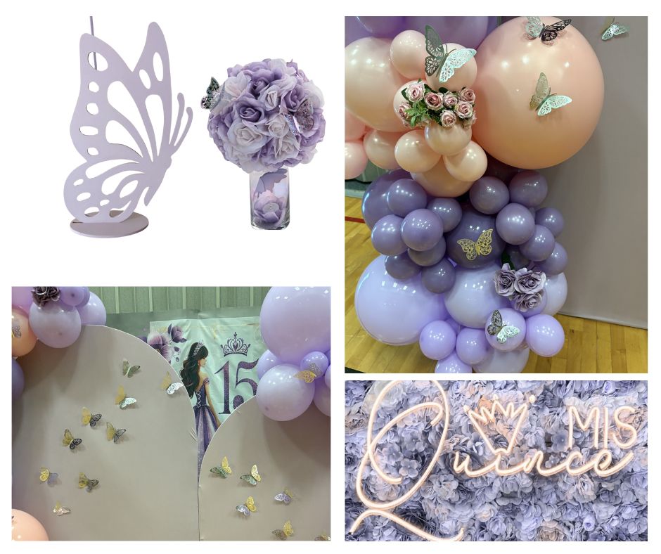 Baby shower balloon arch with a cake stand. The balloons are in 7 inch and 5 inch sizing and colors green, gold and white.