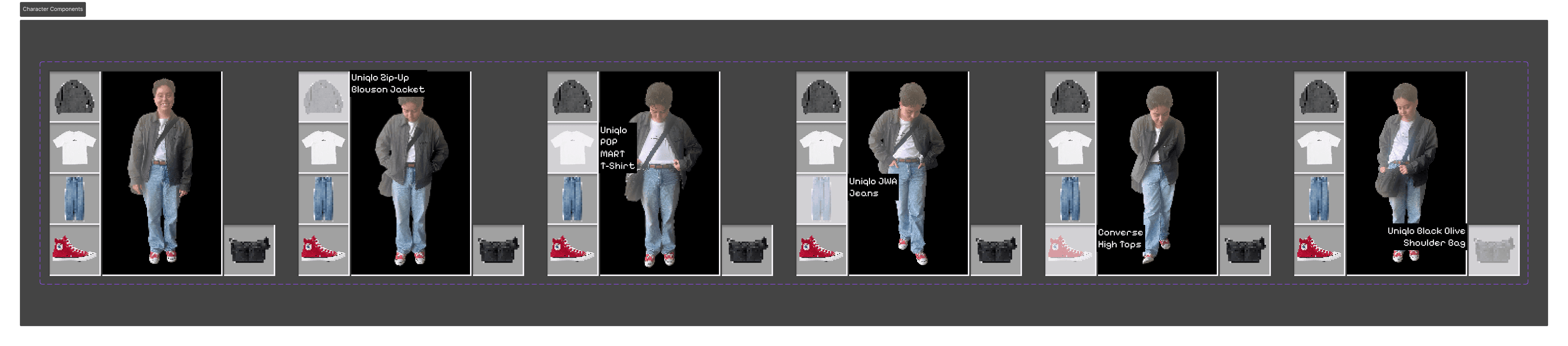 A horizontal sequence of character-inventory mockups shows different outfit combinations and labeled clothing items, demonstrating the component variations used to build the Minecraft-style interface.