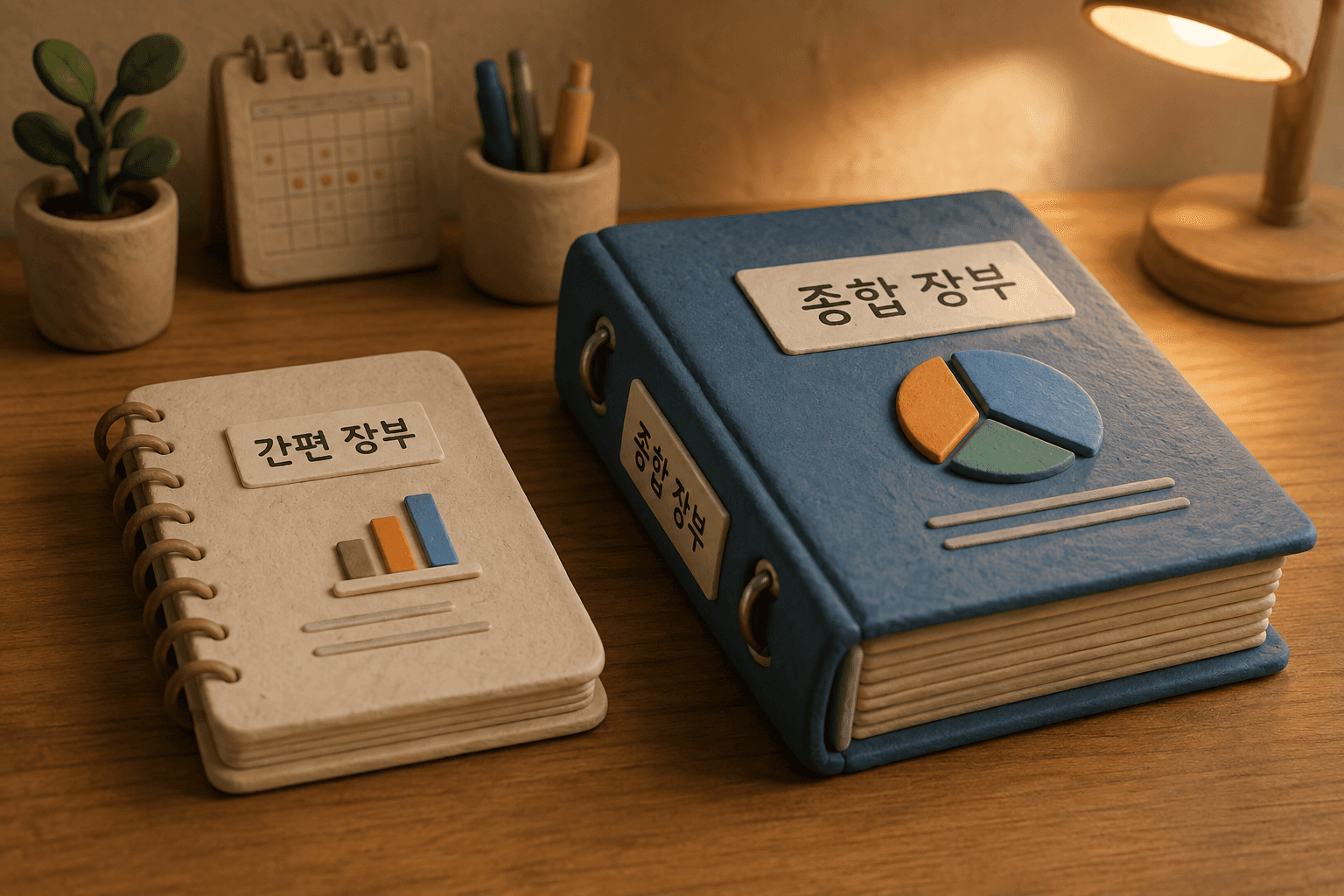 얇은 노트와 두꺼운 장부가 책상 위에 나란히 놓인 그림