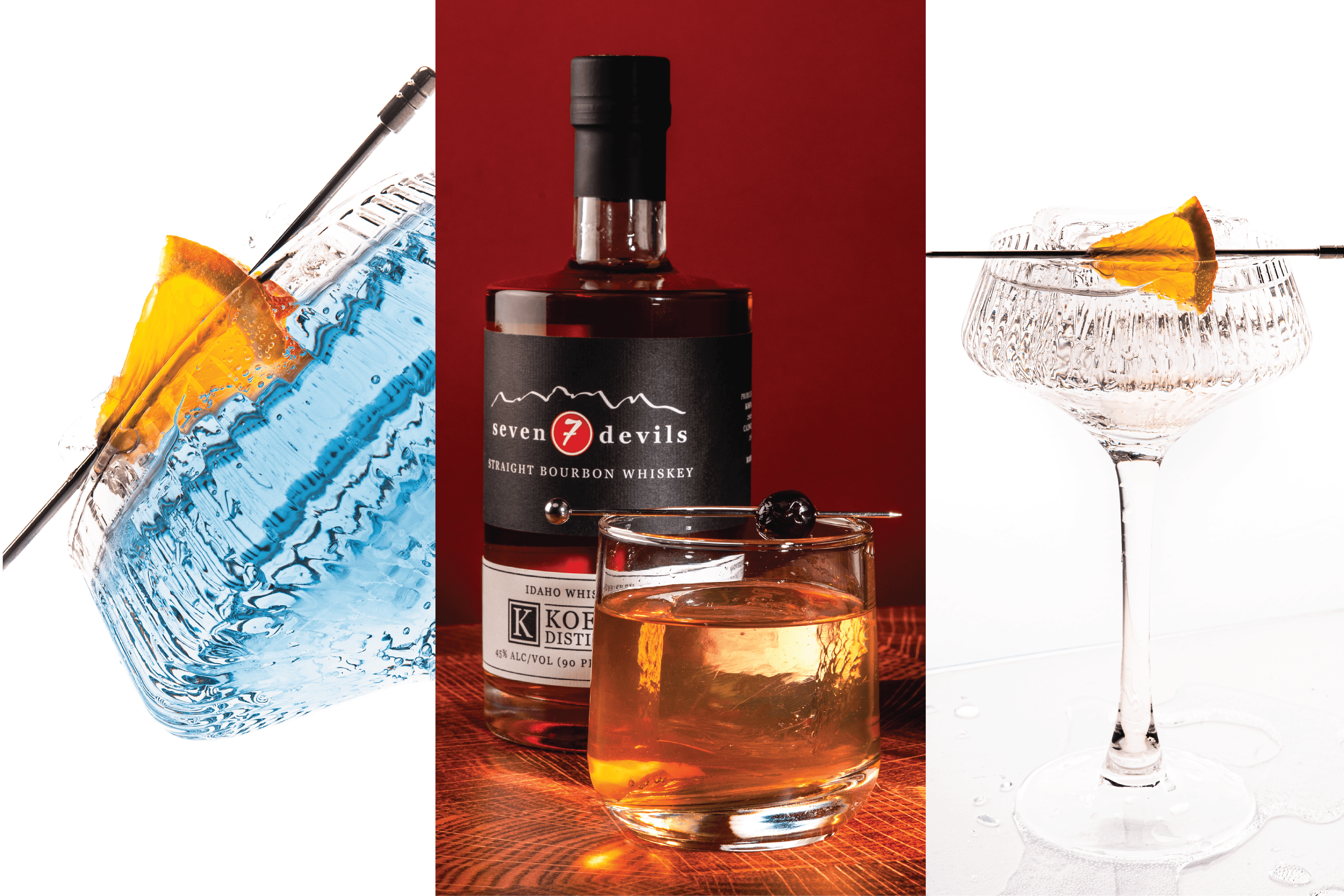 Artistic portrait with red and blue lighting creating a dramatic effect