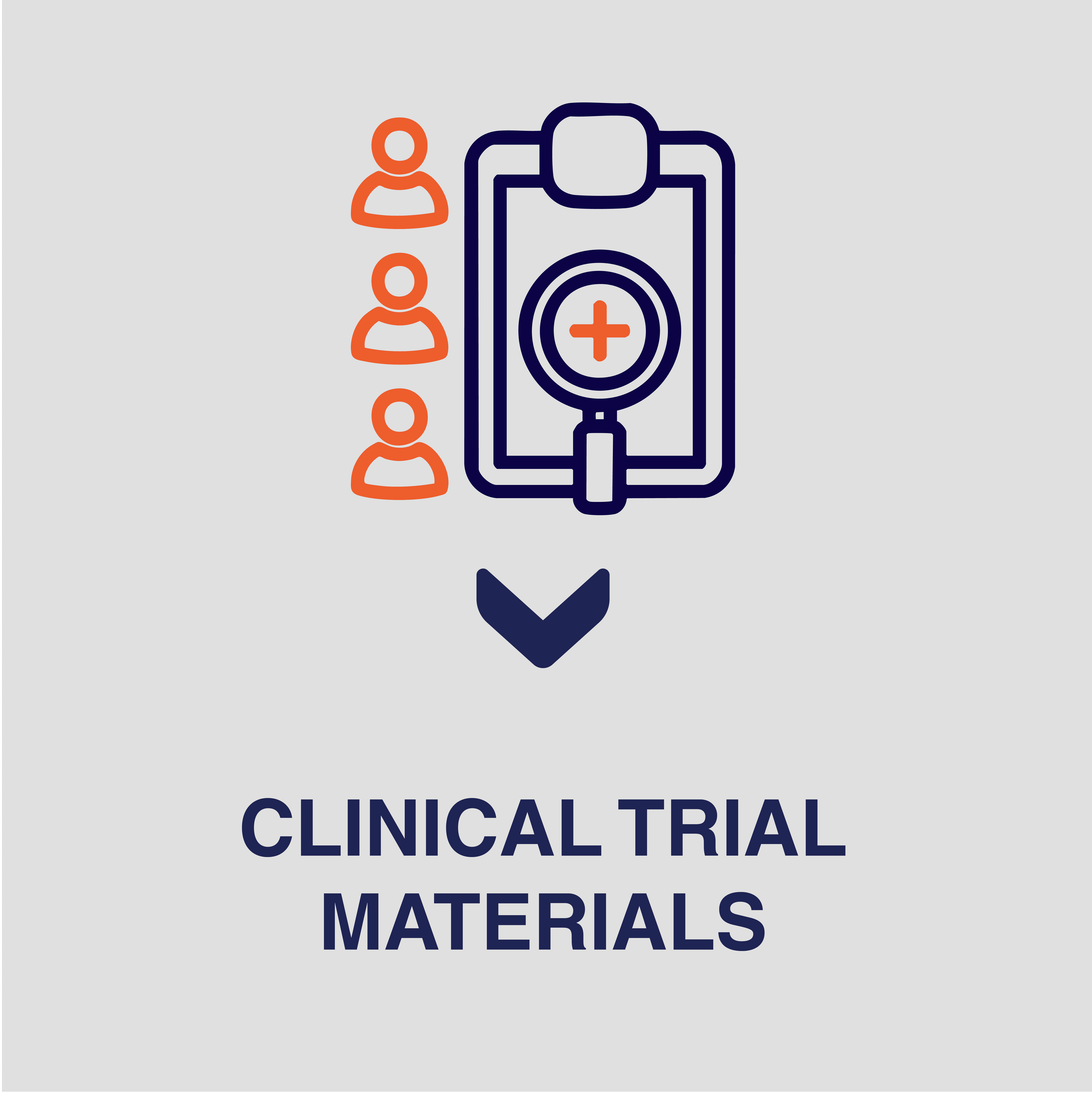 Image of a blue clipboard with a medical cross on it and icons of three orange people next to it on a white background with blue text that says clinical trial materials