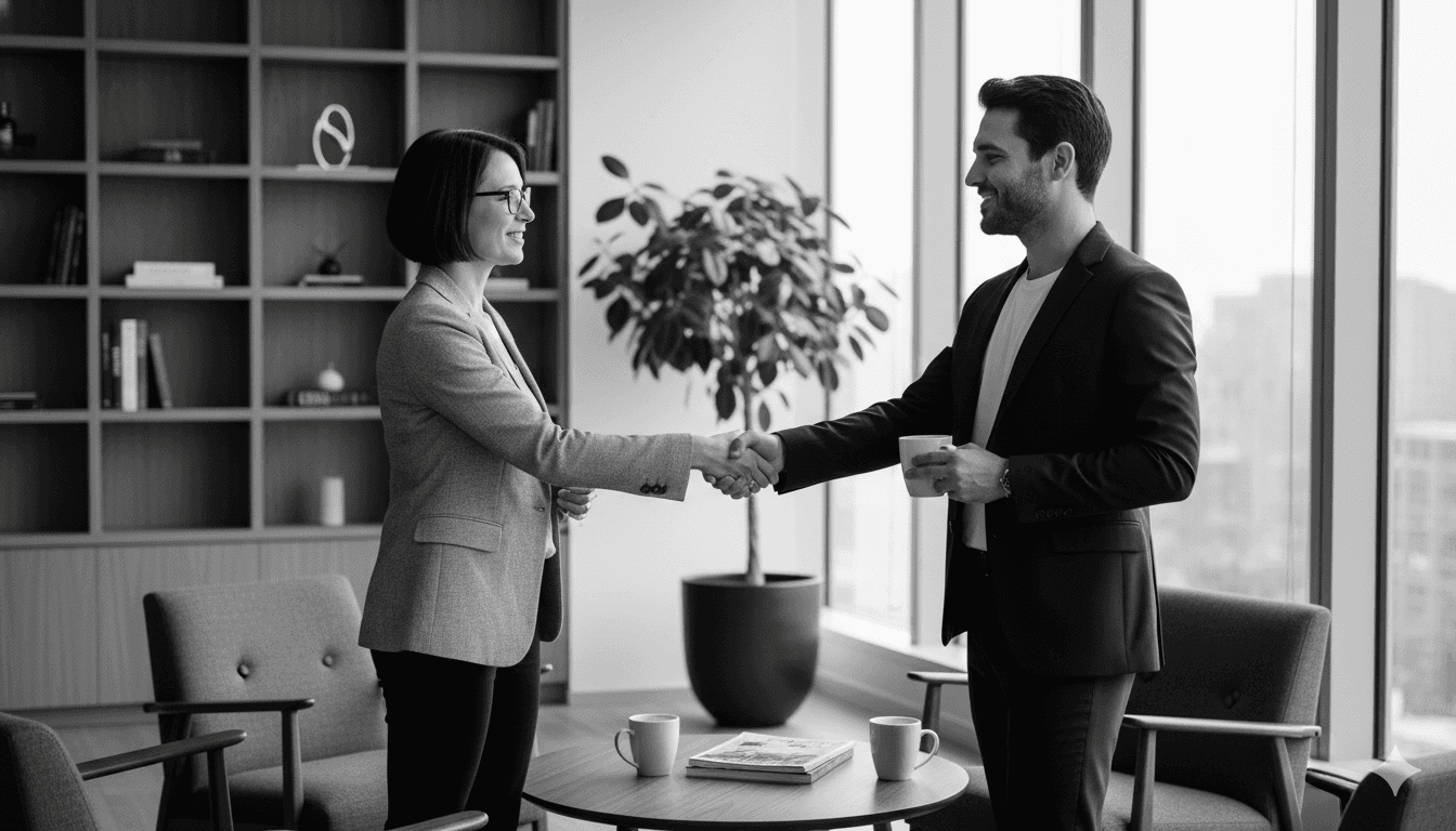Person sitting in a modern office in front of a wall covered with notes and sketches.