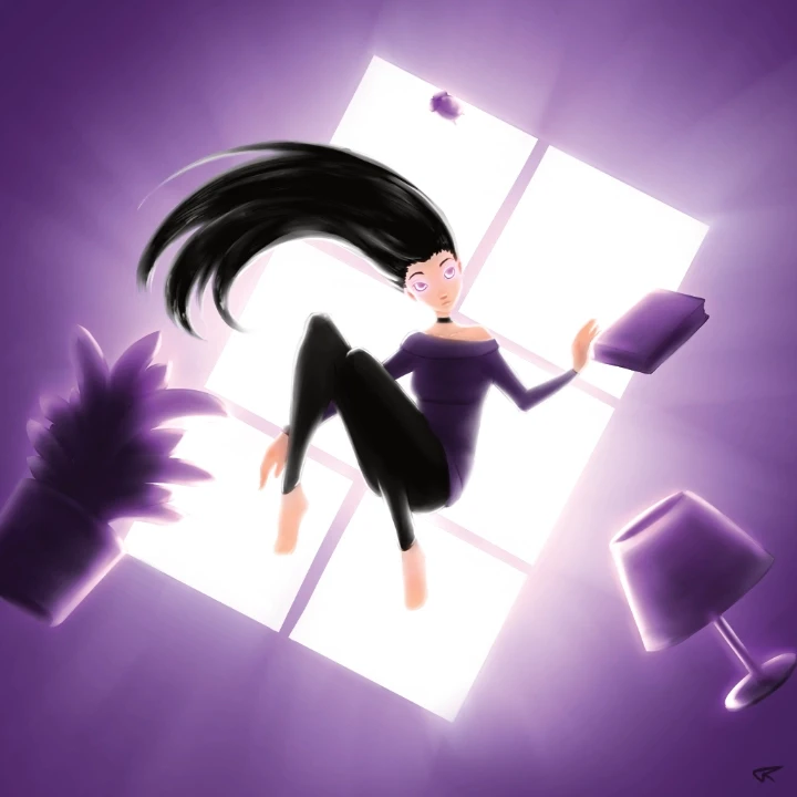 Painting of a woman hovering in front of a window in a purple room with objects floating around her.