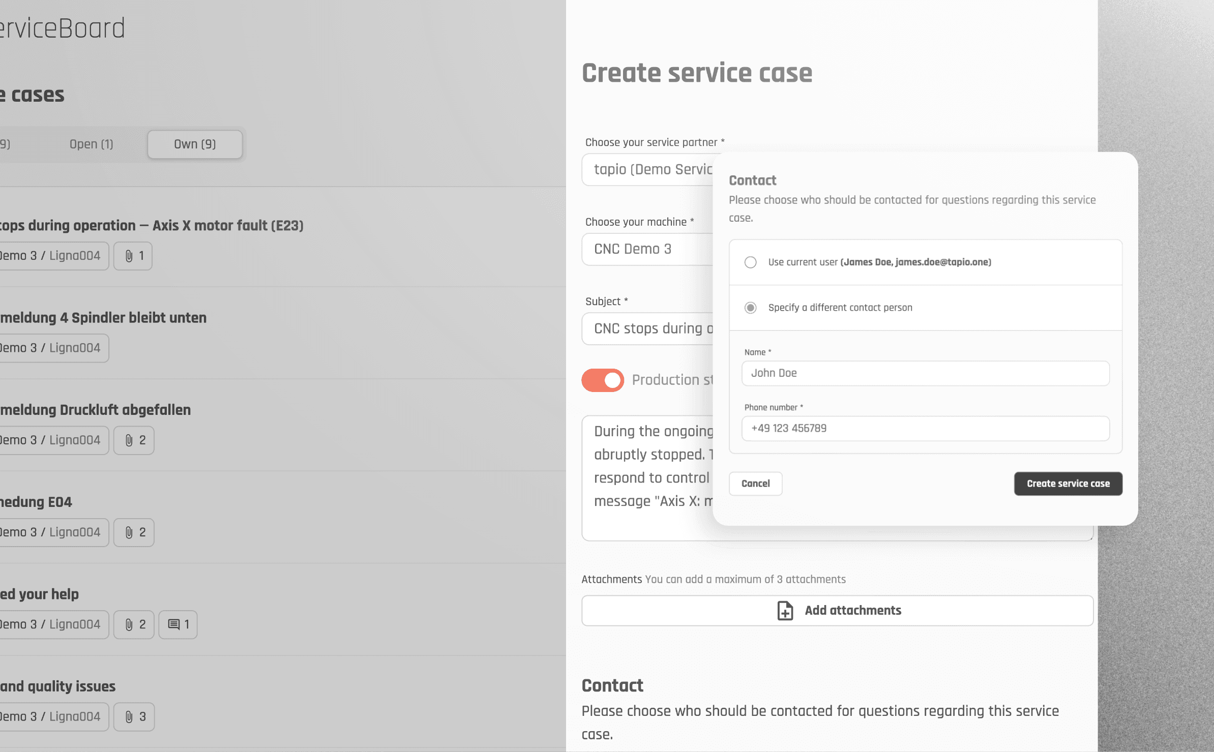 Screenshot aus ServiceBoard bei dem ein abweichender Kontakt eingetrage wird