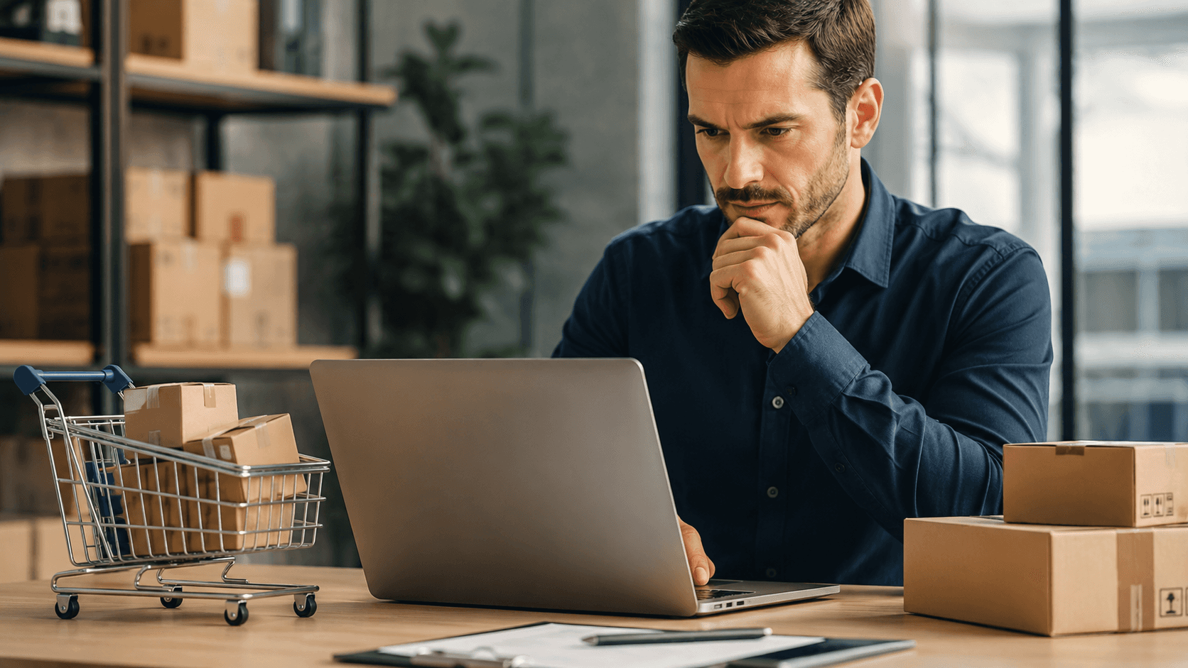 Ilustração realista em 3D de um gestor de distribuidora analisando uma loja virtual B2B em um notebook. Sobre a mesa há caixas de produtos e um carrinho de compras, enquanto ao fundo aparecem prateleiras organizadas com mercadorias. O ambiente corporativo moderno transmite gestão de vendas, comércio eletrônico B2B, operação de distribuição e avaliação de recursos de uma plataforma digital para clientes empresariais.