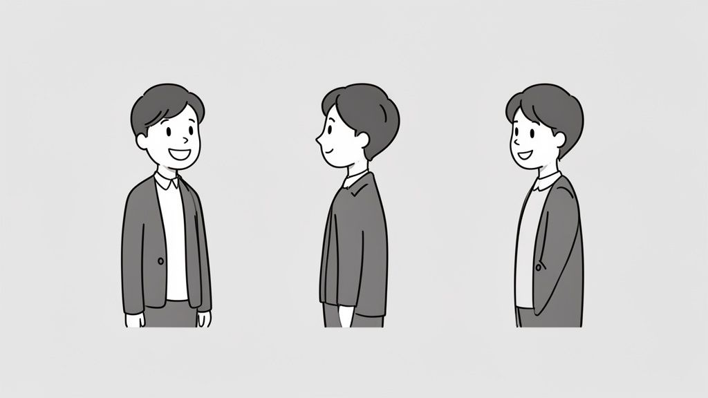 Drei Illustrationen einer lächelnden Person in formeller Kleidung, die verschiedene Posen von vorne, seitlich und im ¾-Profil zeigt.