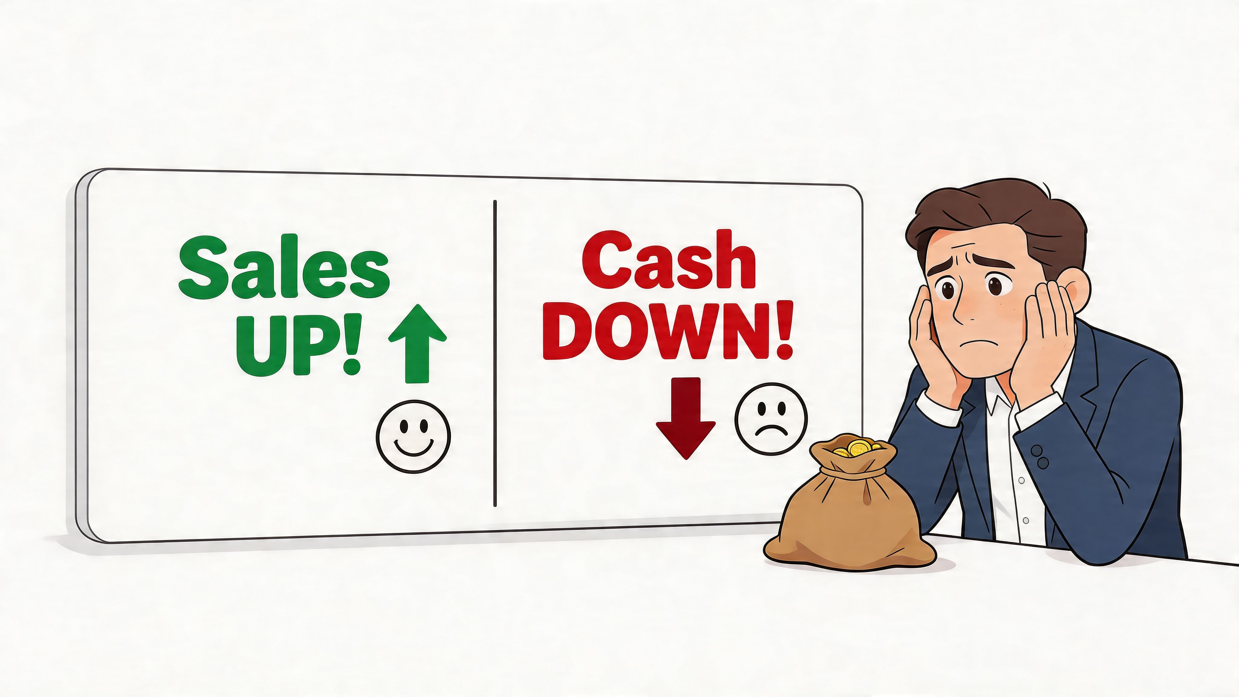 A concerned businessman looking at a sign showing rising sales but declining cash flow in his business.