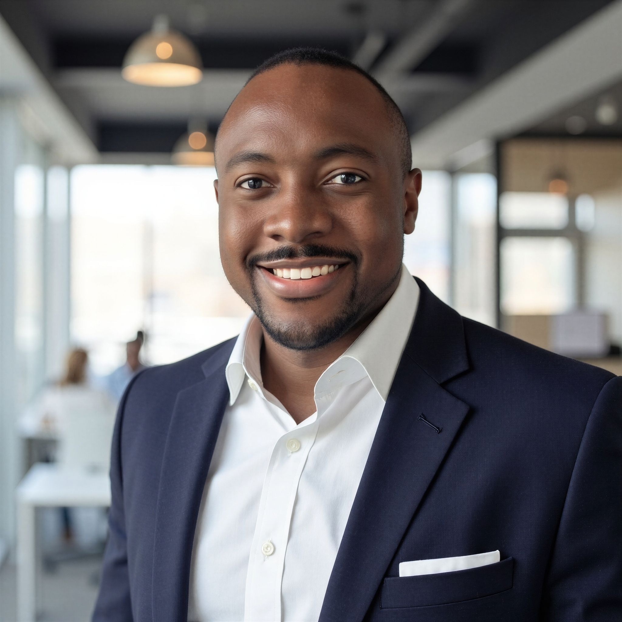 Dr. Eliel Arrey wearing a navy suit and white shirt in a modern office.