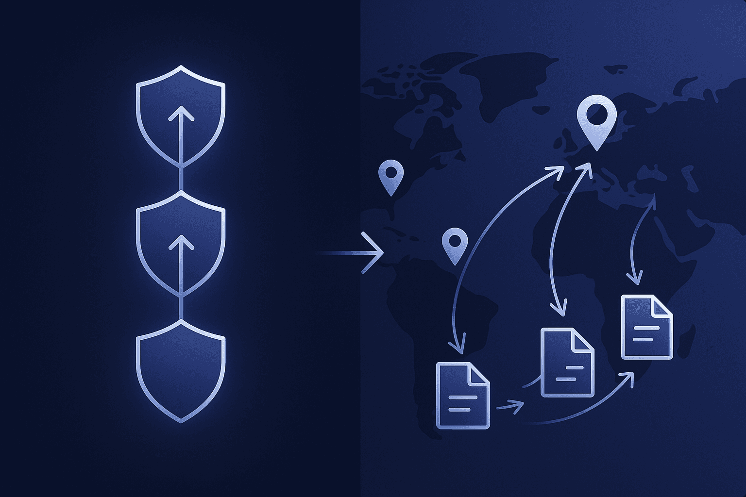 Side-by-side graphic of governance workflow ladder and world map with localized content pins