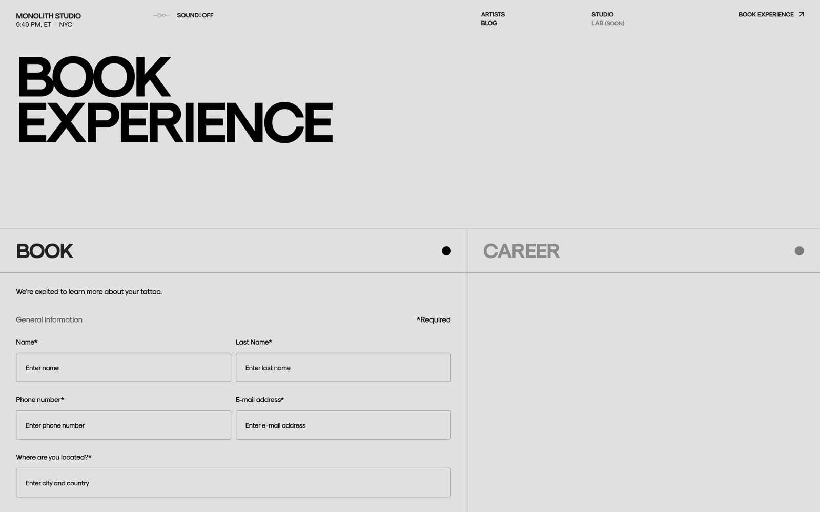 Minimalist website with bold "BOOK EXPERIENCE" text on gray; contact form on left, career section on right.