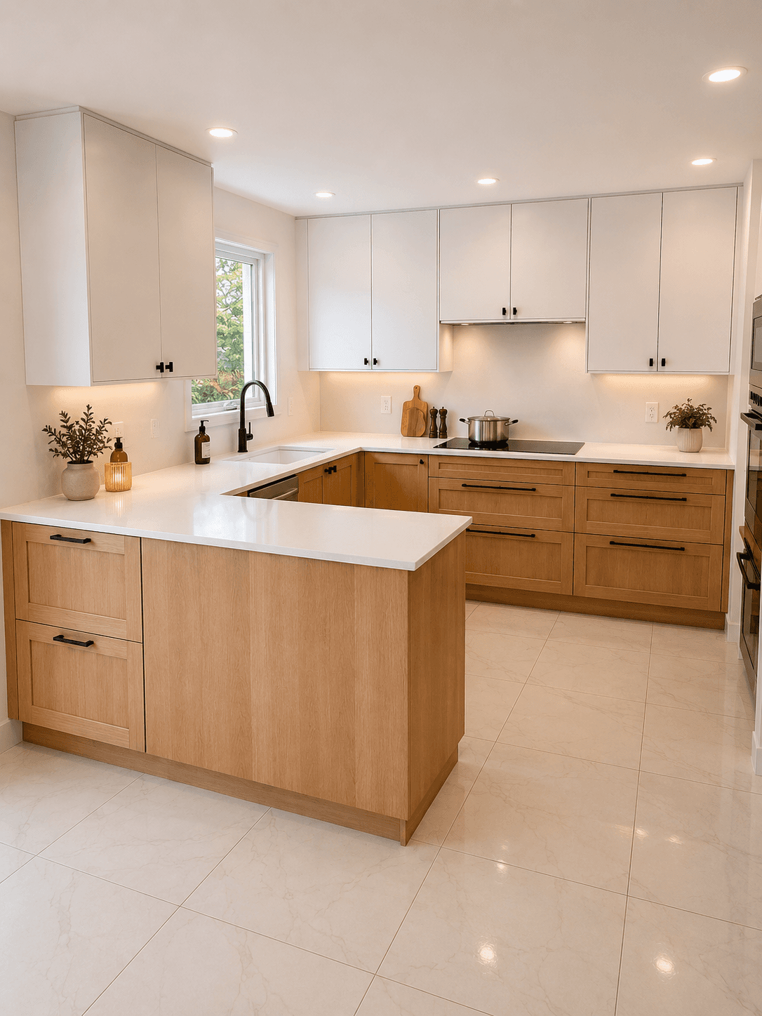 turned on pendant lamps above kitchen island
