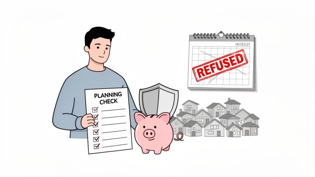 Cartoon of a man completing a planning check, with savings, protection, and a denied application.