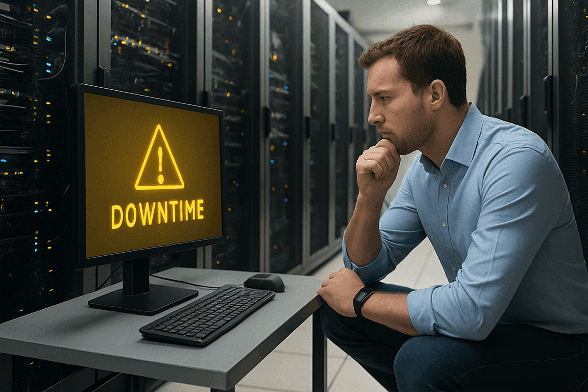 Profissional analista de Data Center observando uma tela de erro em que está escrito: "Downtime""