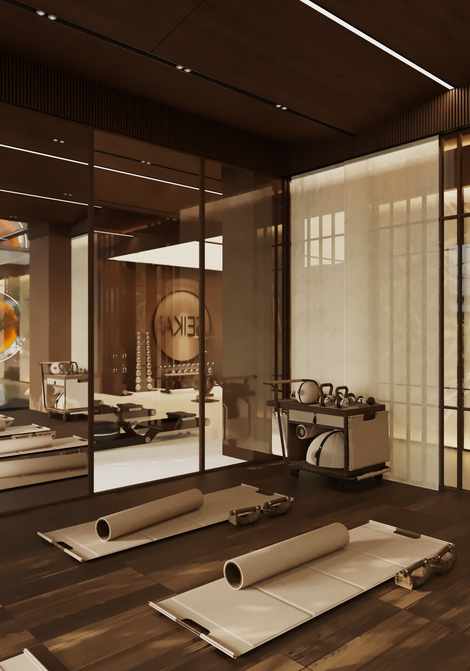 A modern interior space featuring wooden flooring, minimalist furniture, and large windows allowing natural light.