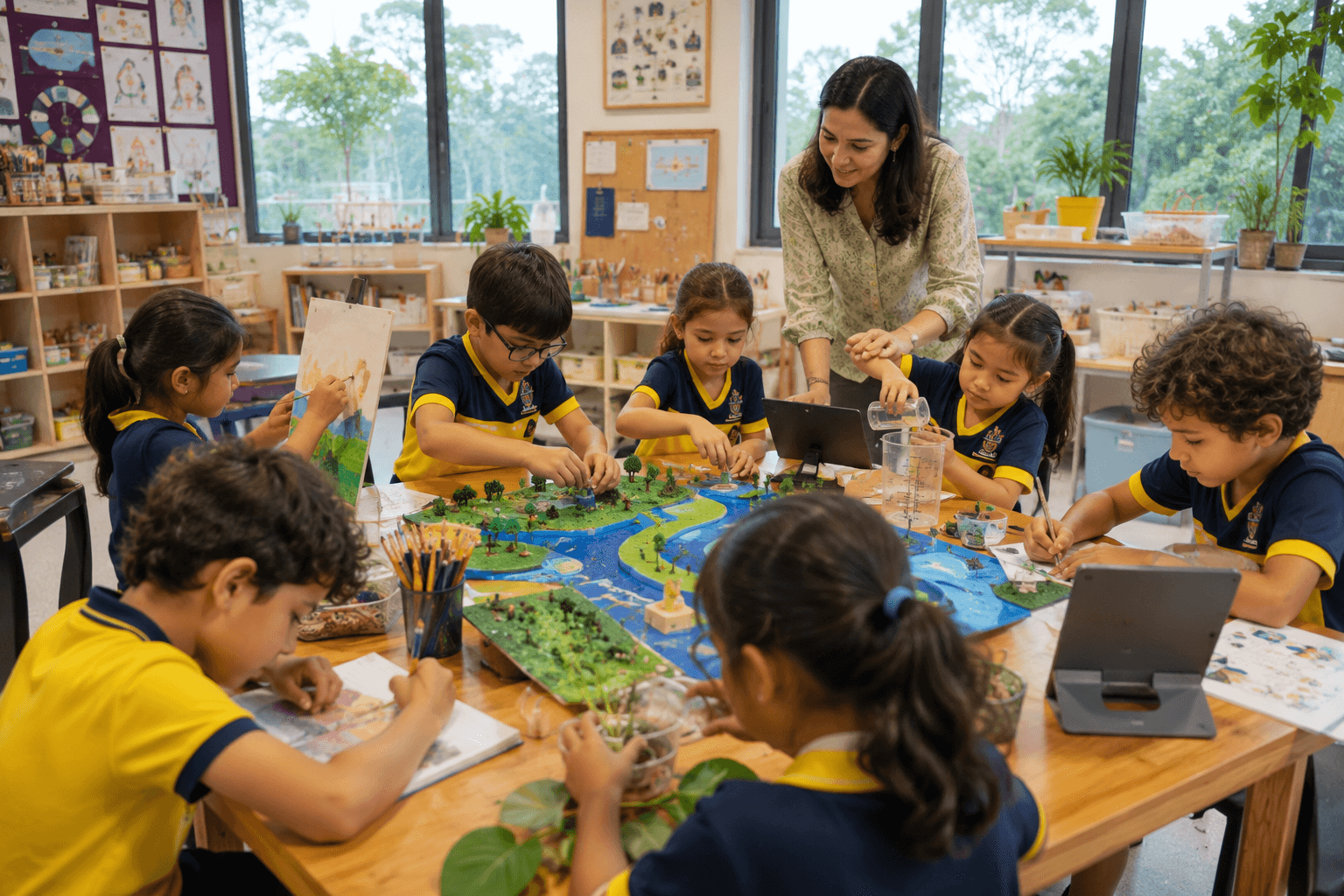 Children building a model river landscape together at a table in a HEWS classroom, with their teacher alongside them