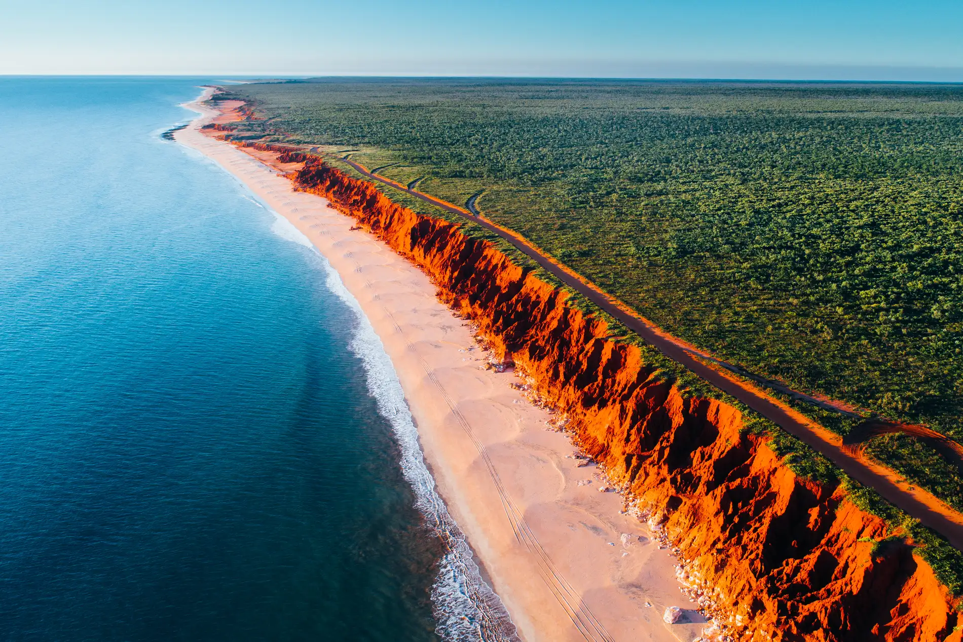 Aerial along red pindan cliffs dropping to a pale beach and blue sea, scrub running inland