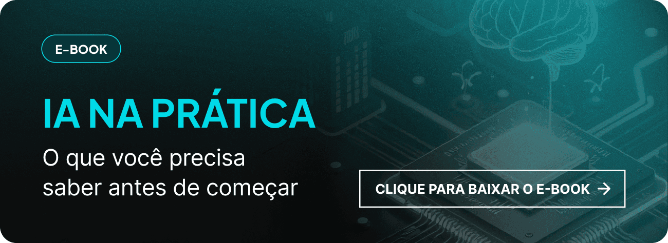 Banner do e-book ‘IA na prática’, com ilustração de chip e cérebro digital, destacando o uso da inteligência artificial na gestão pública e na economia de recursos.