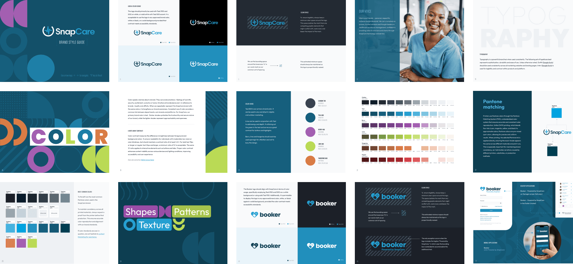 SnapCare was entering a new market and needed to show up with confidence. Before designing any product screens, I built a comprehensive brand standards guide covering logo usage, color palette, typography, shapes, texture, and a sub-brand identity for their clinician-facing app, Booker. Having this in place meant every touchpoint, from the product UI to pitch decks to marketing, pulled from the same system. It also gave the internal team the guardrails to stay consistent without needing a designer in the room for every decision.